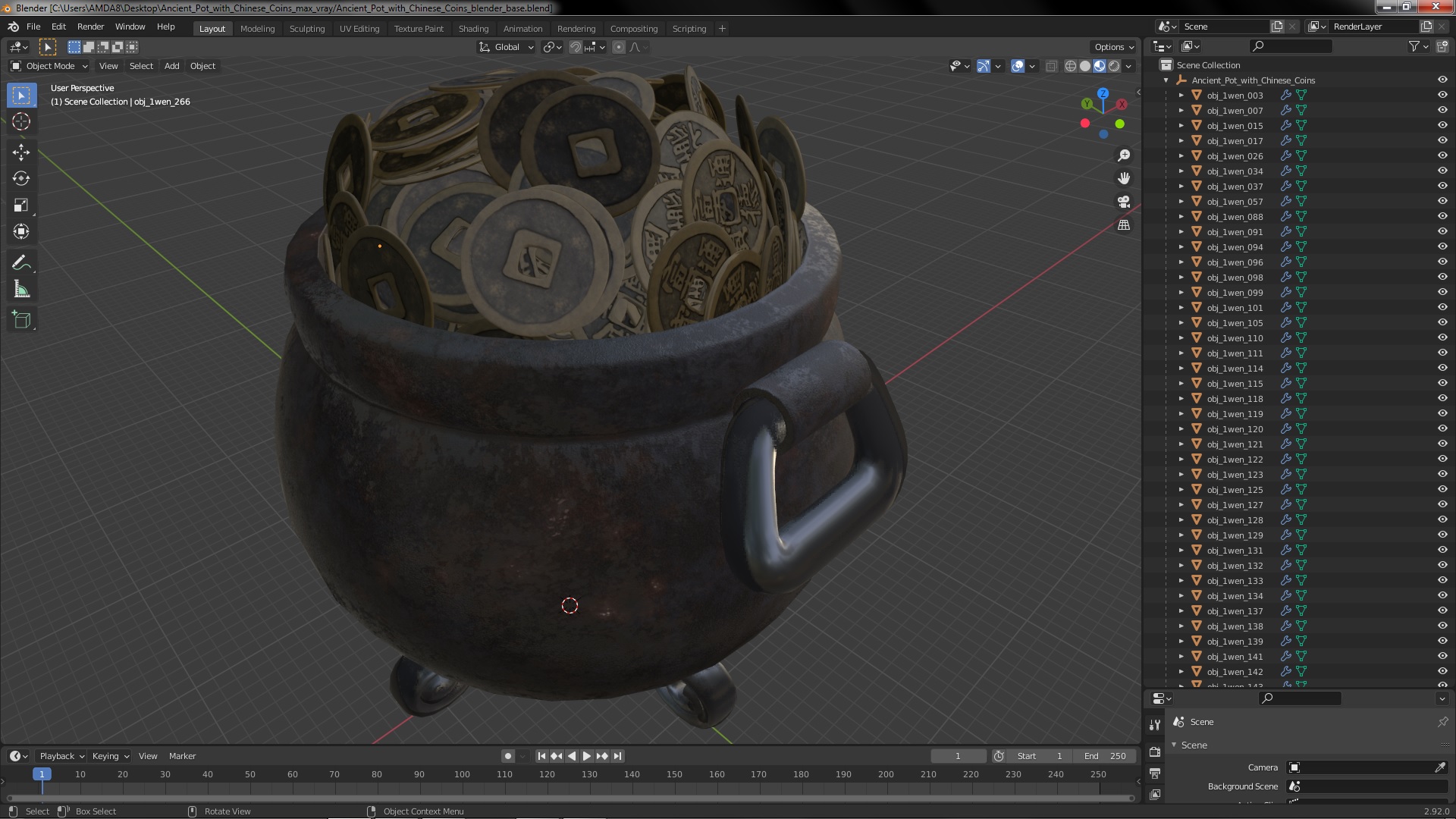 3D model Ancient Pot with Chinese Coins