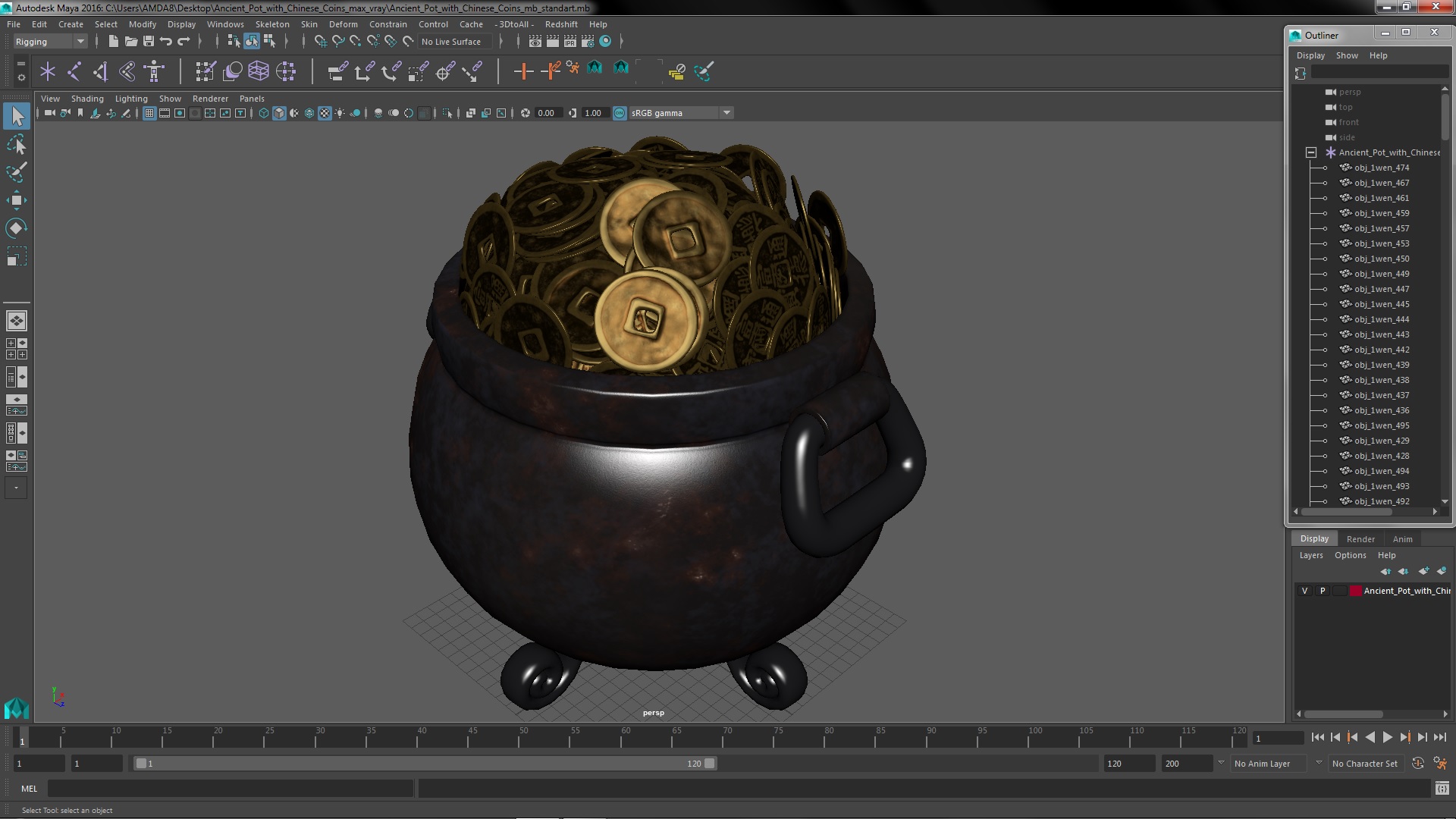 3D model Ancient Pot with Chinese Coins
