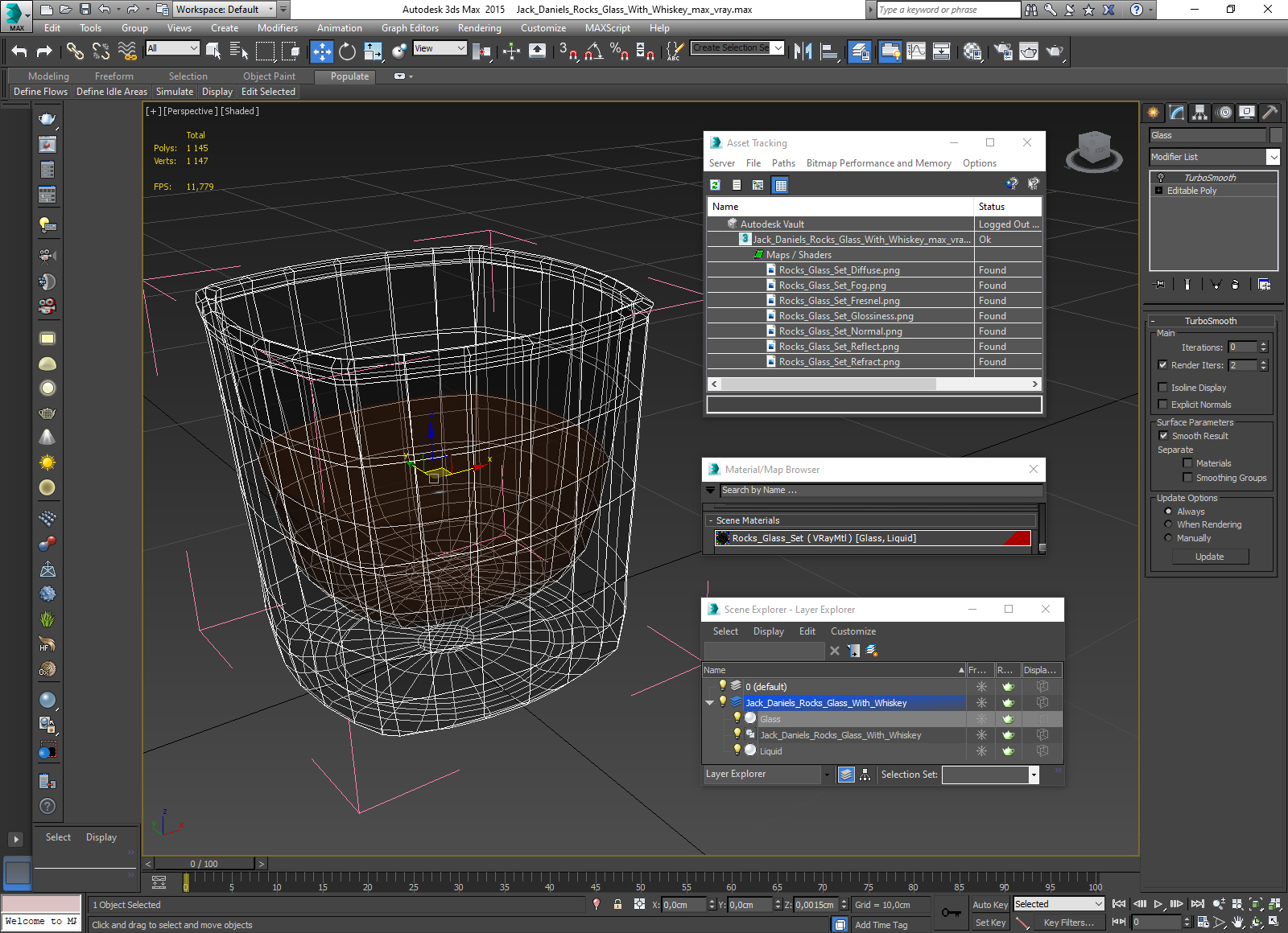 Jack Daniels Rocks Glass With Whiskey 3D