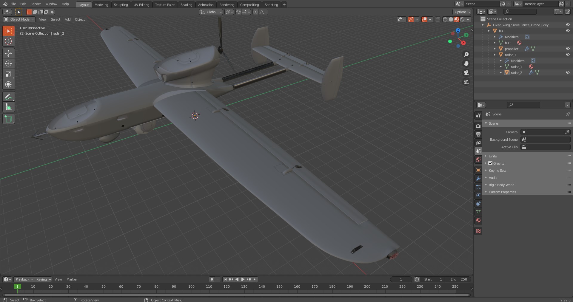 Fixed-wing Surveillance Drone Grey 3D model