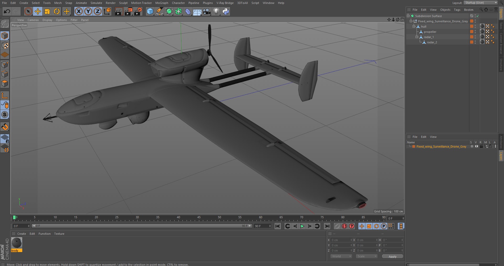Fixed-wing Surveillance Drone Grey 3D model