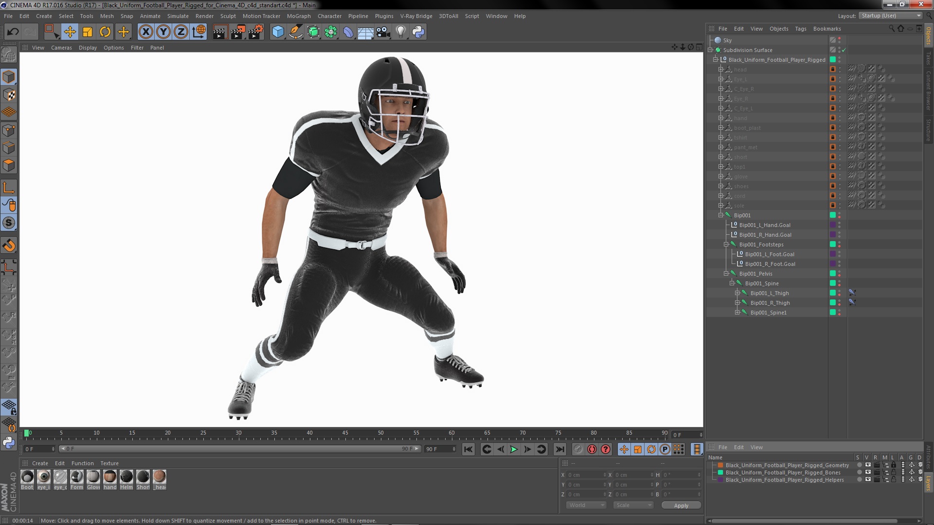 3D model Black Uniform Football Player Rigged for Cinema 4D