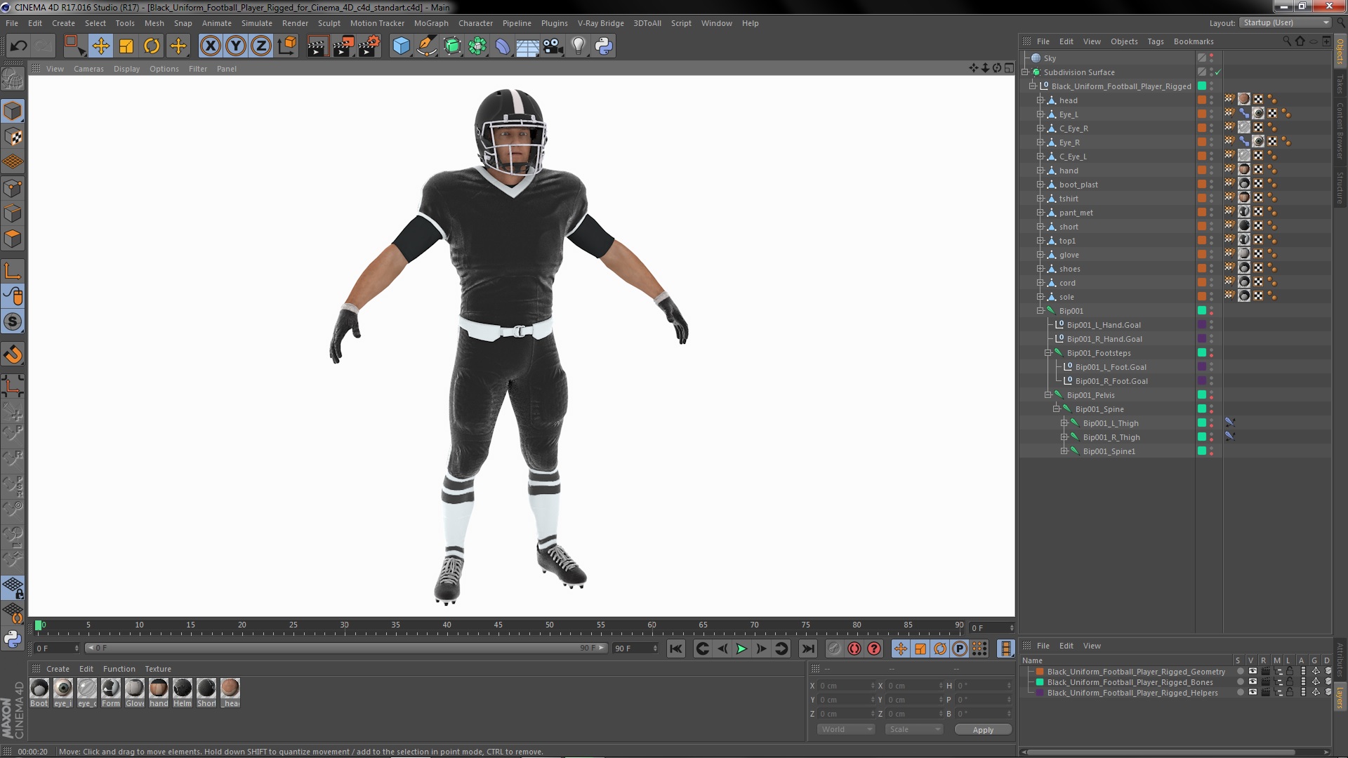 3D model Black Uniform Football Player Rigged for Cinema 4D
