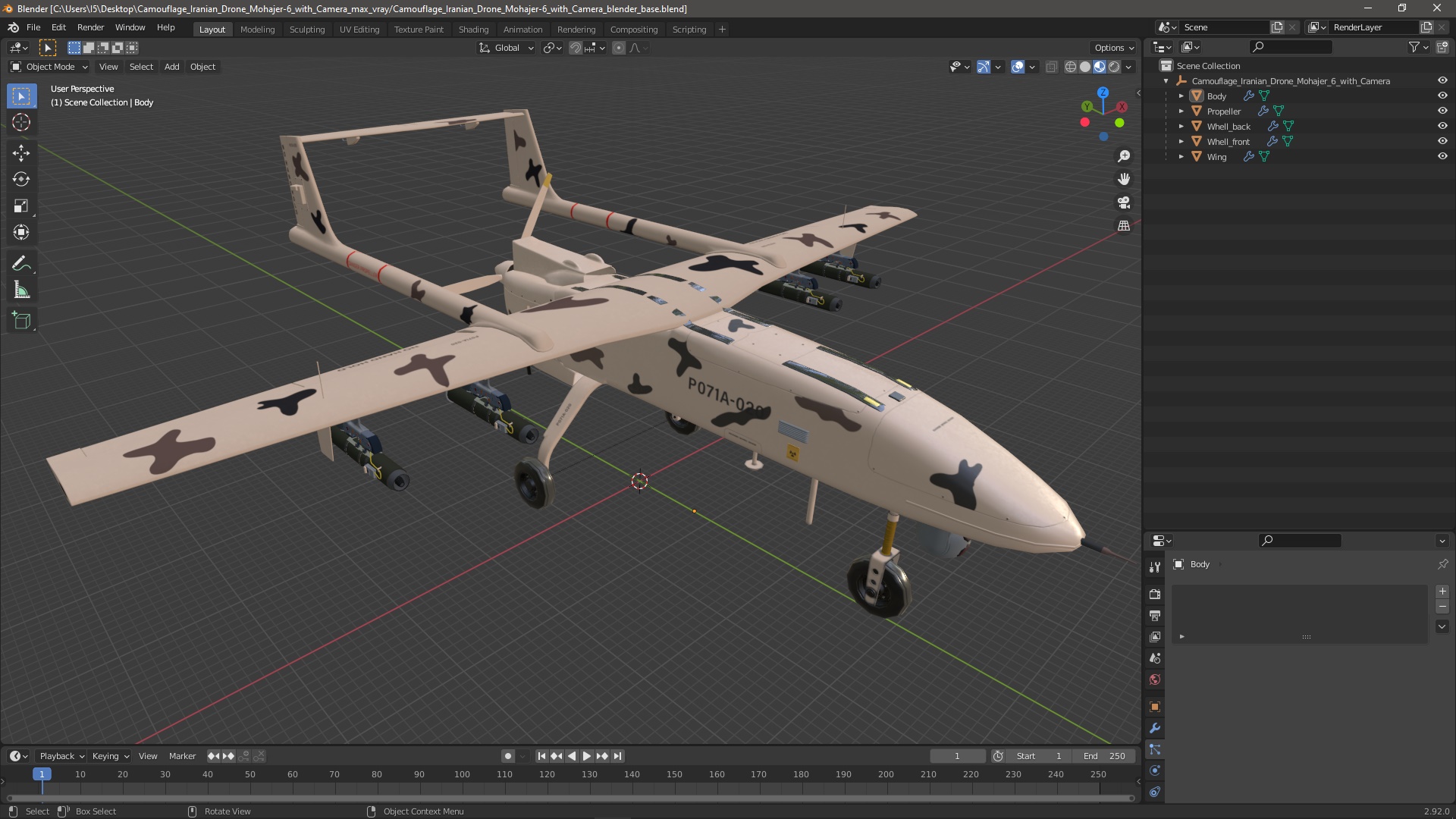 3D Camouflage Iranian Drone Mohajer-6 with Camera
