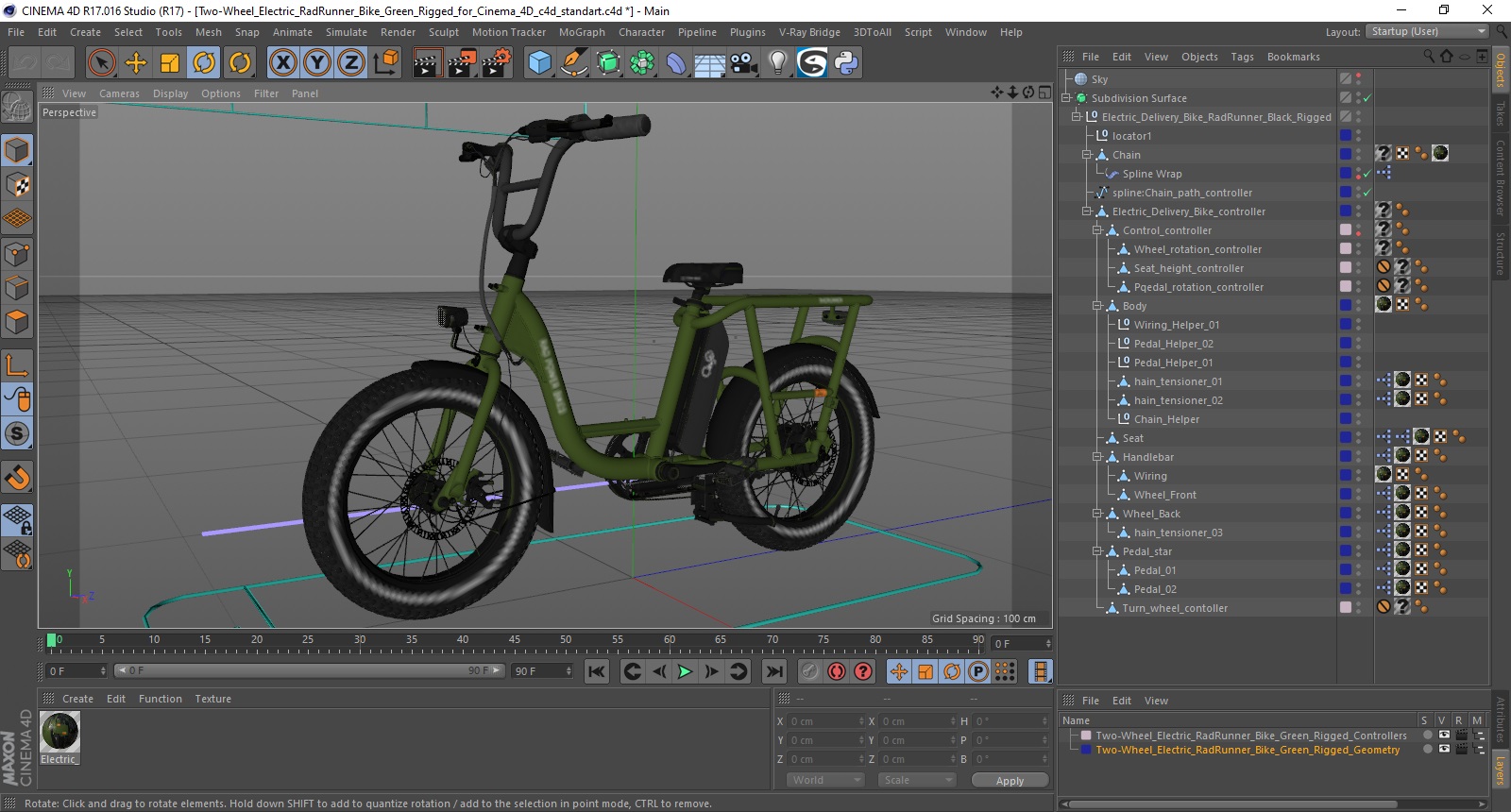 3D model Two-Wheel Electric RadRunner Bike Green Rigged for Cinema 4D