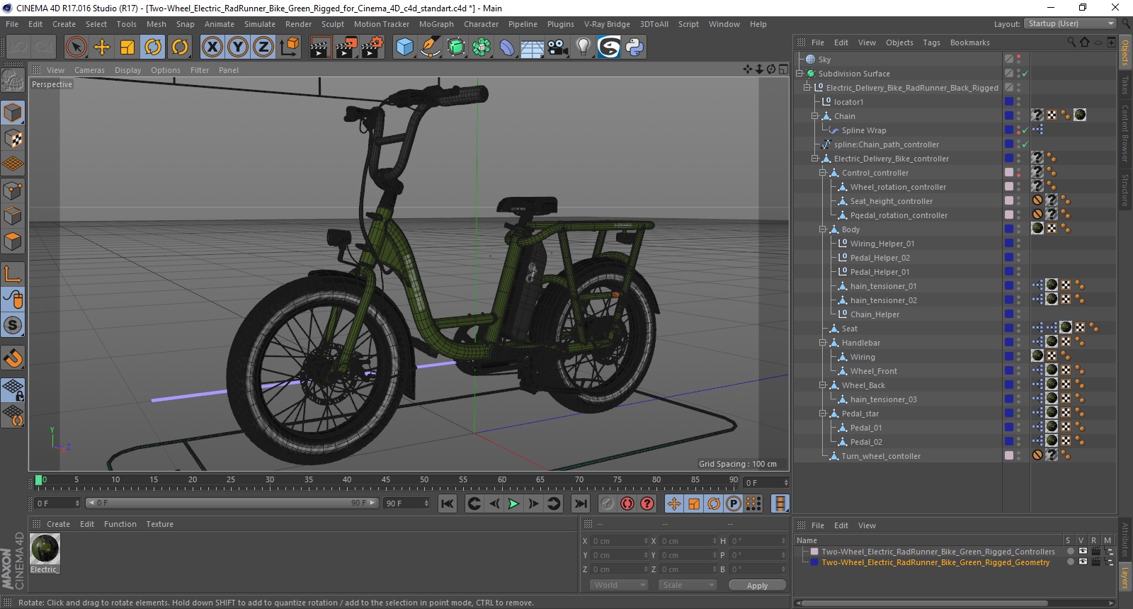 3D model Two-Wheel Electric RadRunner Bike Green Rigged for Cinema 4D
