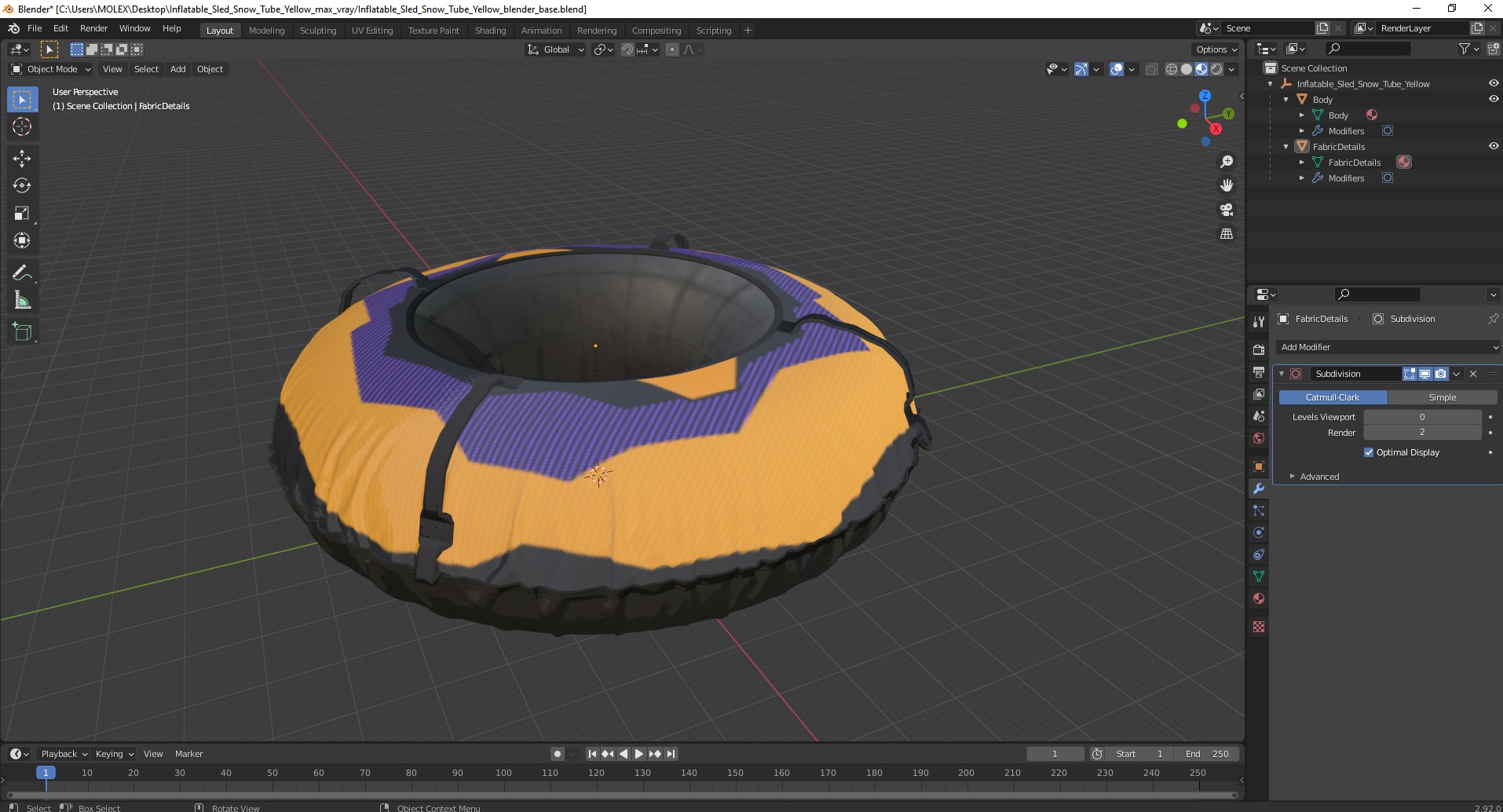 Inflatable Sled Snow Tube Yellow 3D