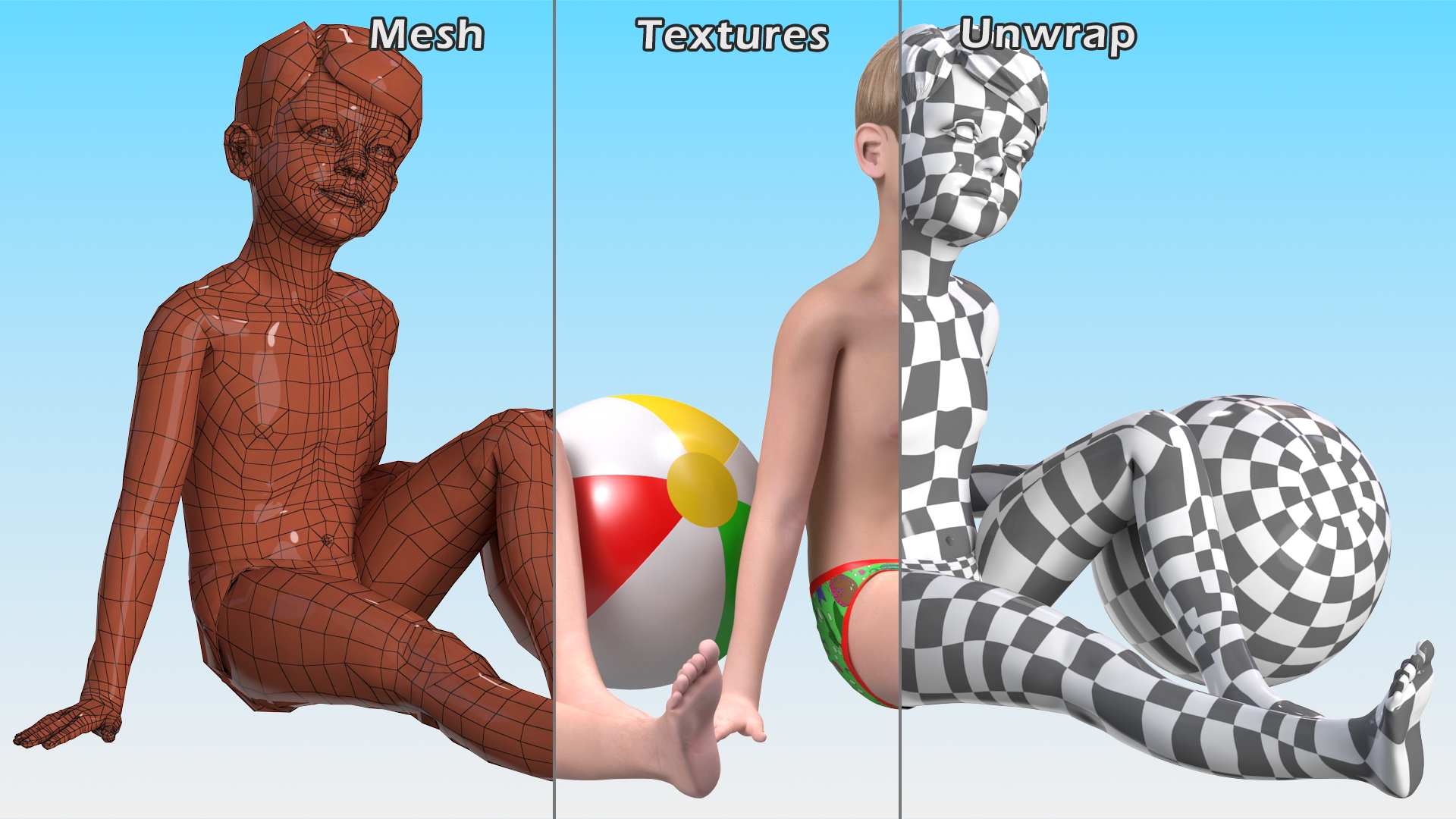 Sitting Child Boy Beach Style 3D model