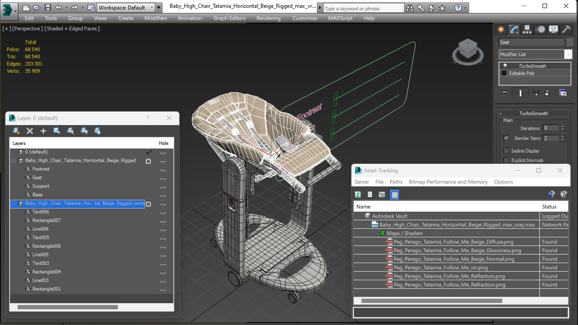 3D Baby High Chair Tatamia Horizontal Beige Rigged for Maya