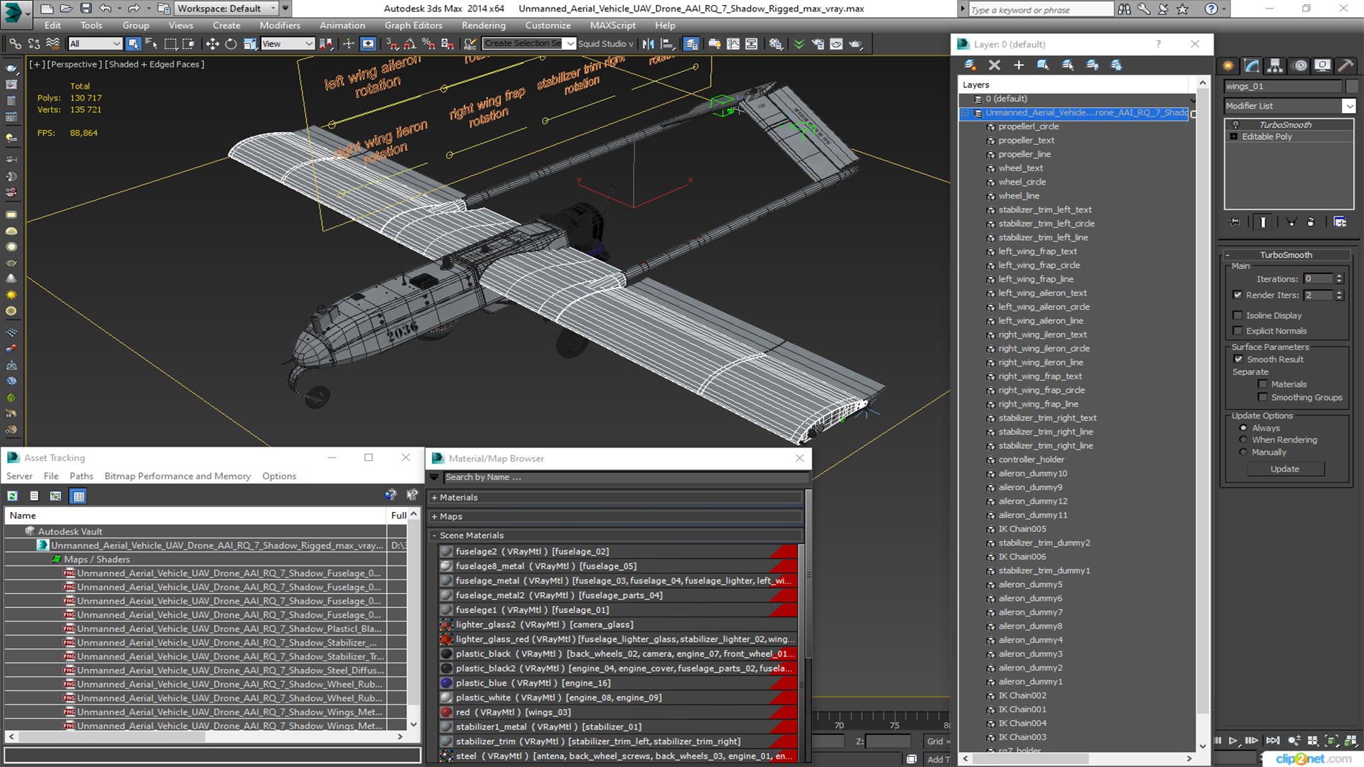 3D model Unmanned Aerial Vehicle UAV Drone AAI RQ 7 Shadow Rigged for Maya