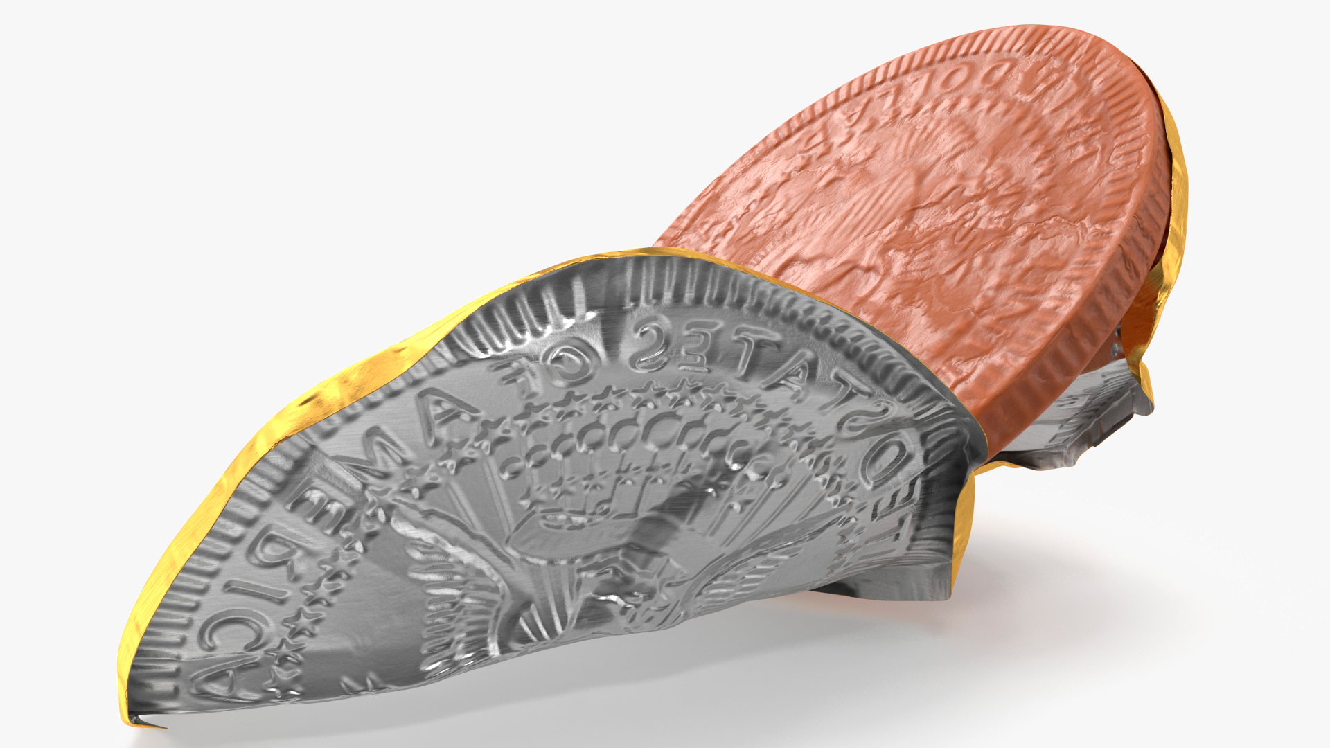 3D Chocolate Coin with Torned Golden Foil Wrapper