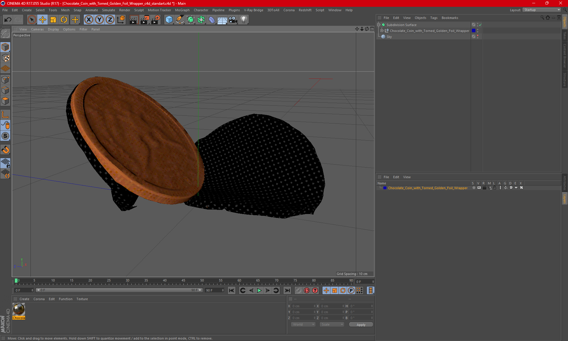 3D Chocolate Coin with Torned Golden Foil Wrapper