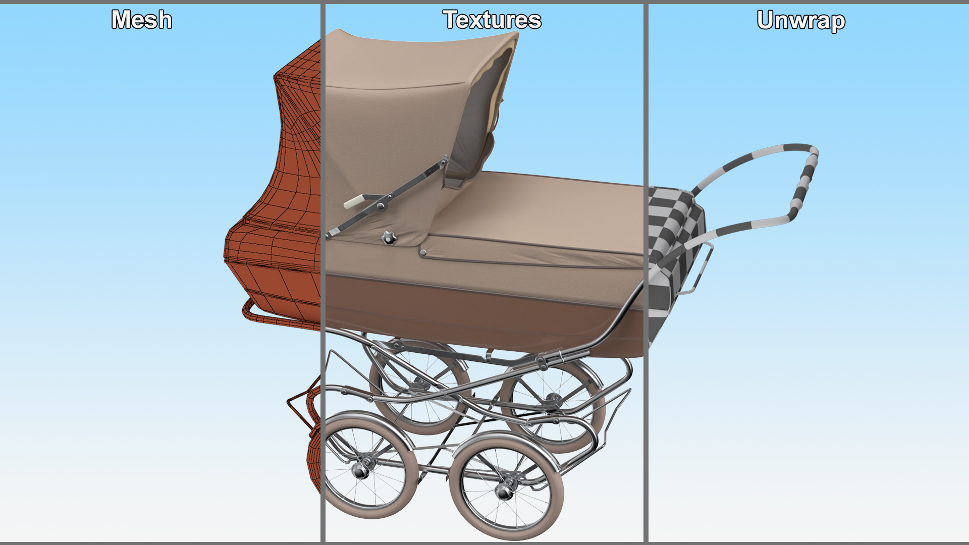 3D Antique Baby Sleeping Carriage Unfolded Canopy