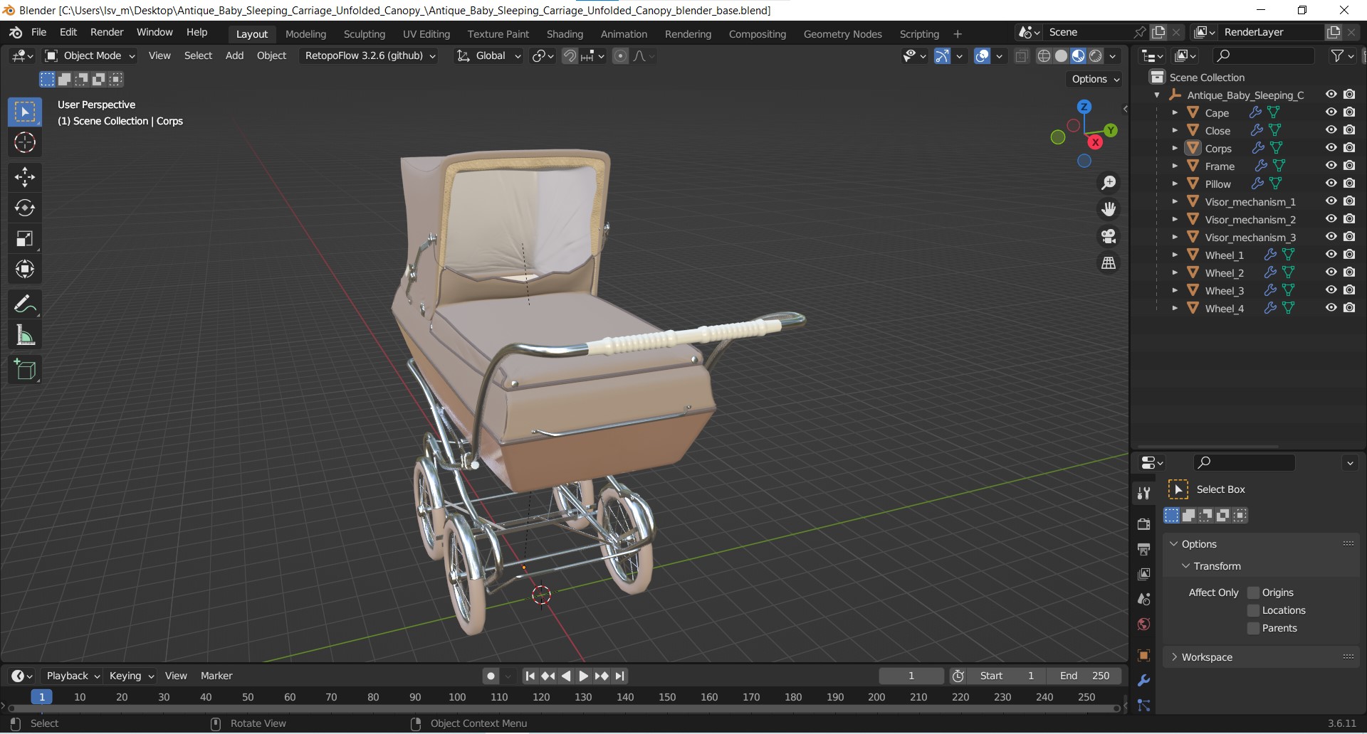 3D Antique Baby Sleeping Carriage Unfolded Canopy