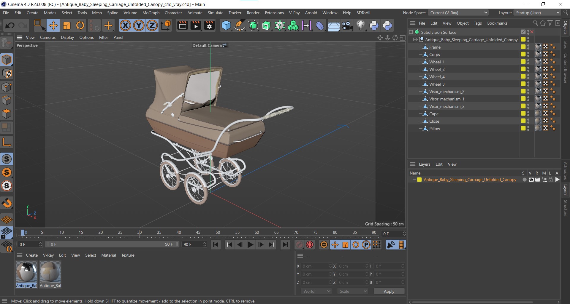 3D Antique Baby Sleeping Carriage Unfolded Canopy