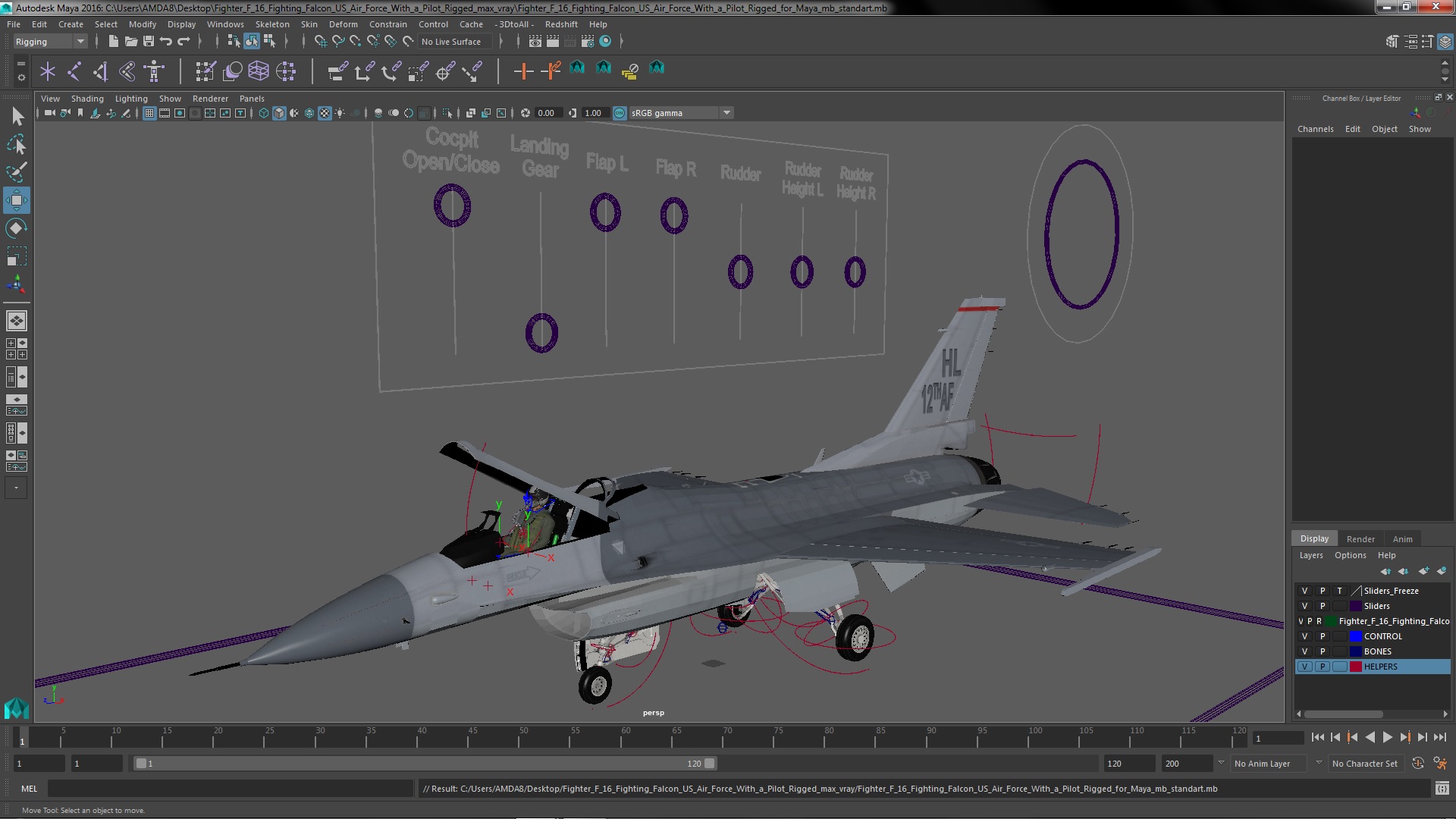3D model Fighter F 16 Fighting Falcon US Air Force With a Pilot Rigged for Maya