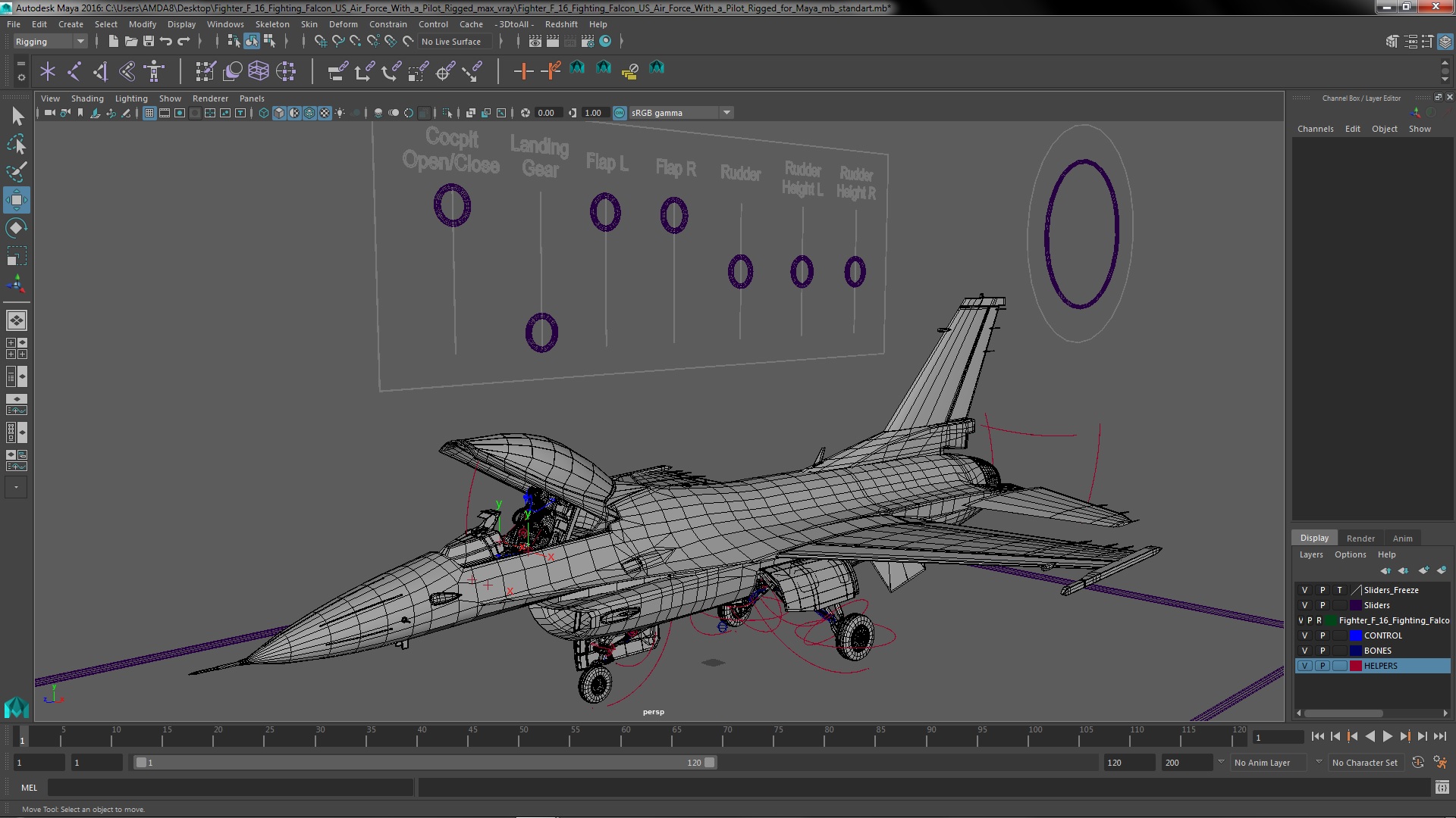 3D model Fighter F 16 Fighting Falcon US Air Force With a Pilot Rigged for Maya