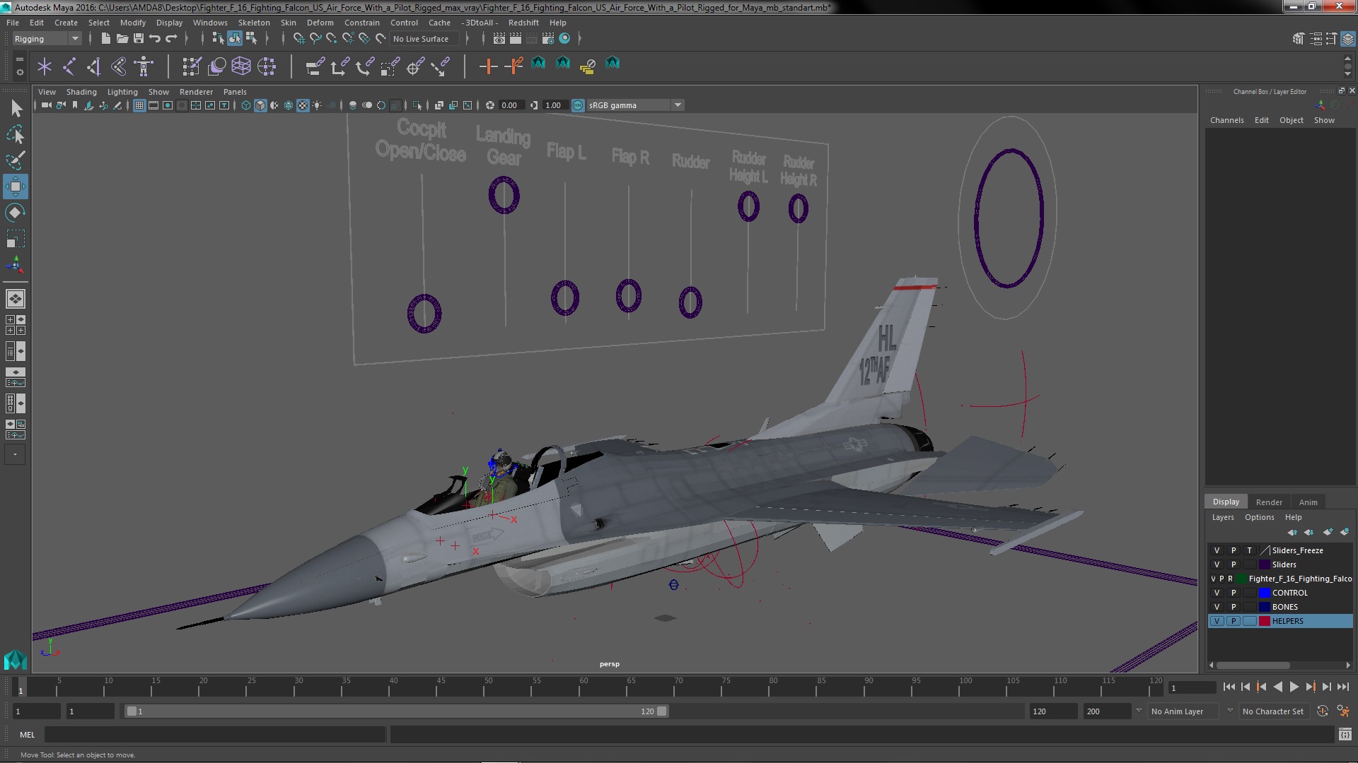3D model Fighter F 16 Fighting Falcon US Air Force With a Pilot Rigged for Maya