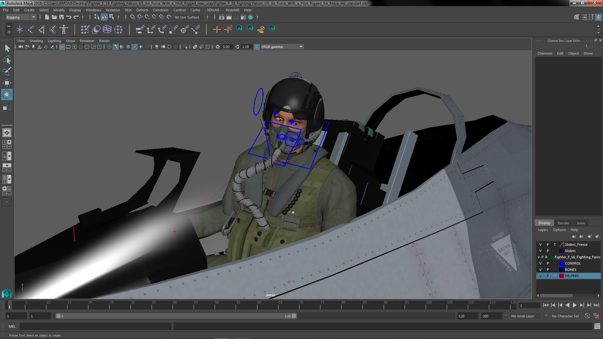 3D model Fighter F 16 Fighting Falcon US Air Force With a Pilot Rigged for Maya