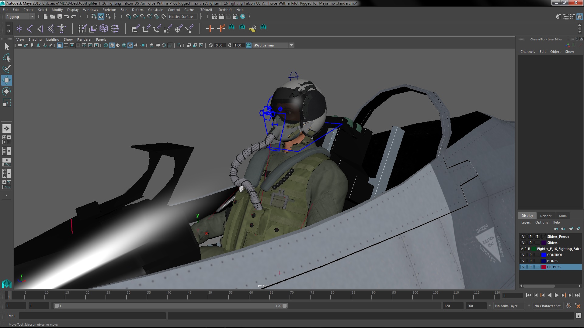 3D model Fighter F 16 Fighting Falcon US Air Force With a Pilot Rigged for Maya