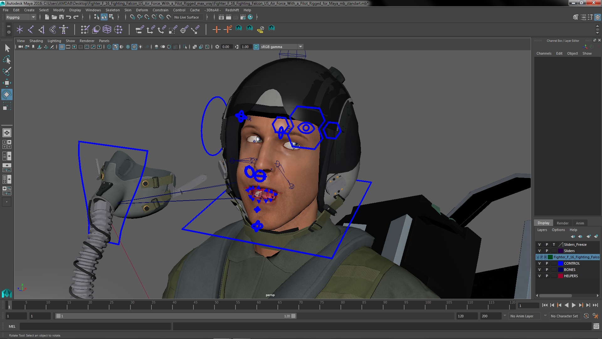 3D model Fighter F 16 Fighting Falcon US Air Force With a Pilot Rigged for Maya