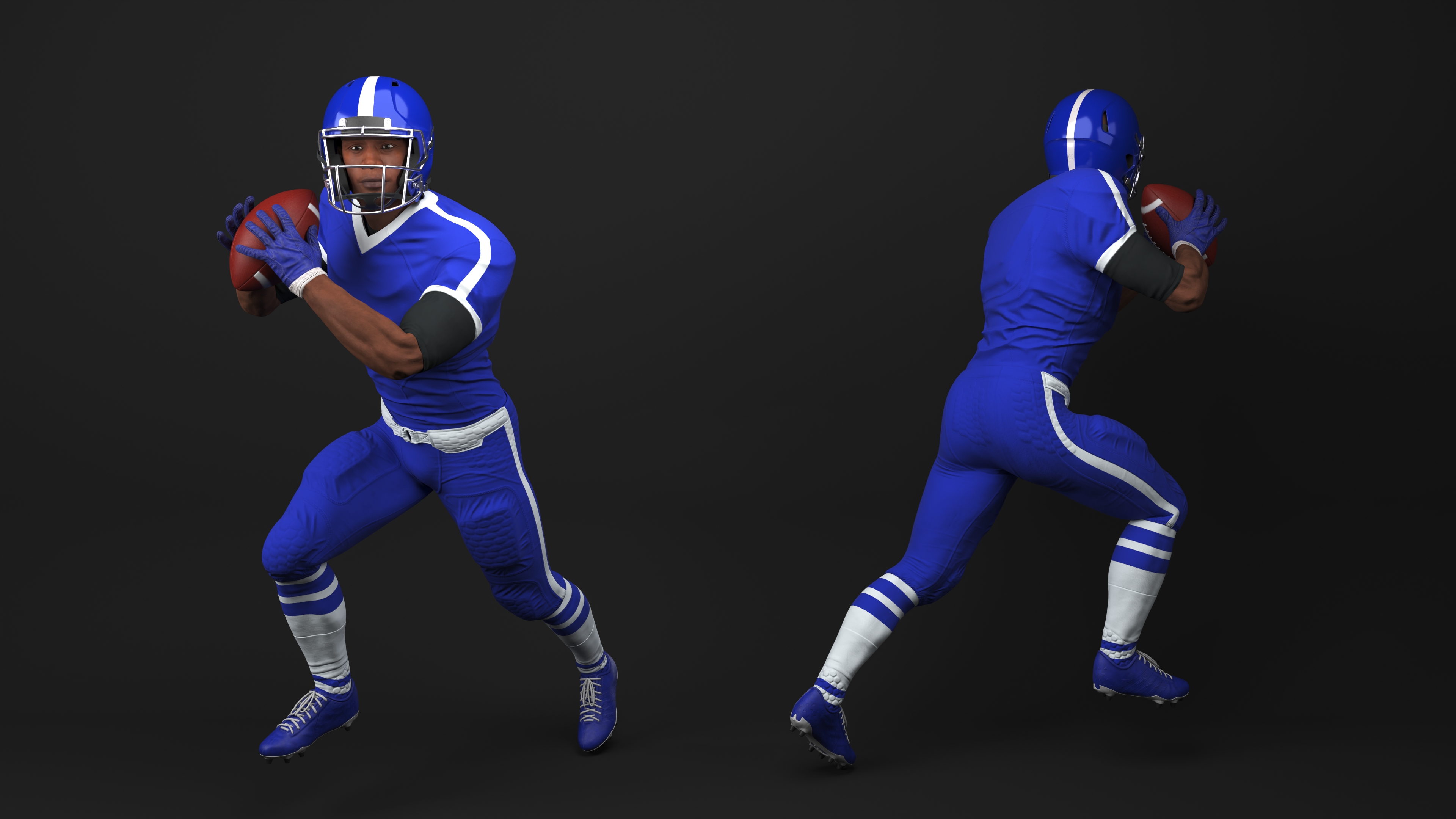 Black Man American Football Player Blue Uniform Running The Ball 3D model