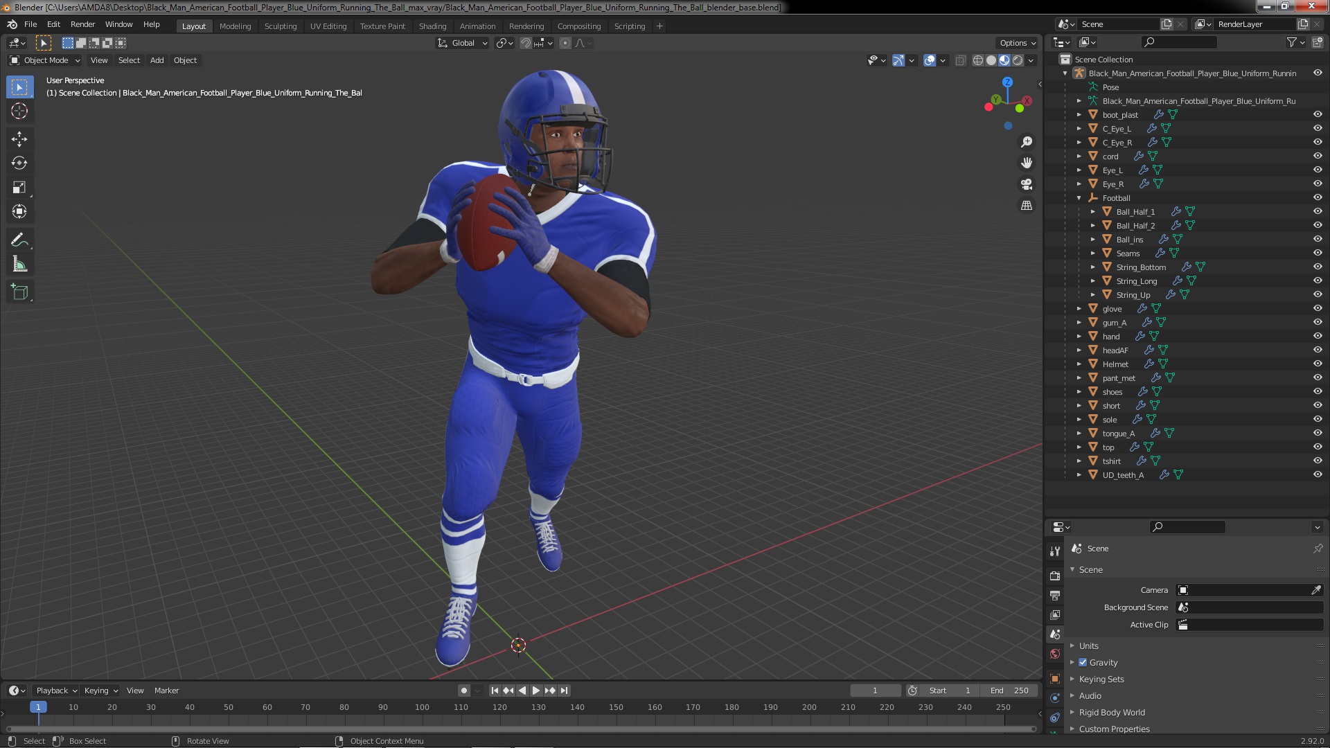 Black Man American Football Player Blue Uniform Running The Ball 3D model