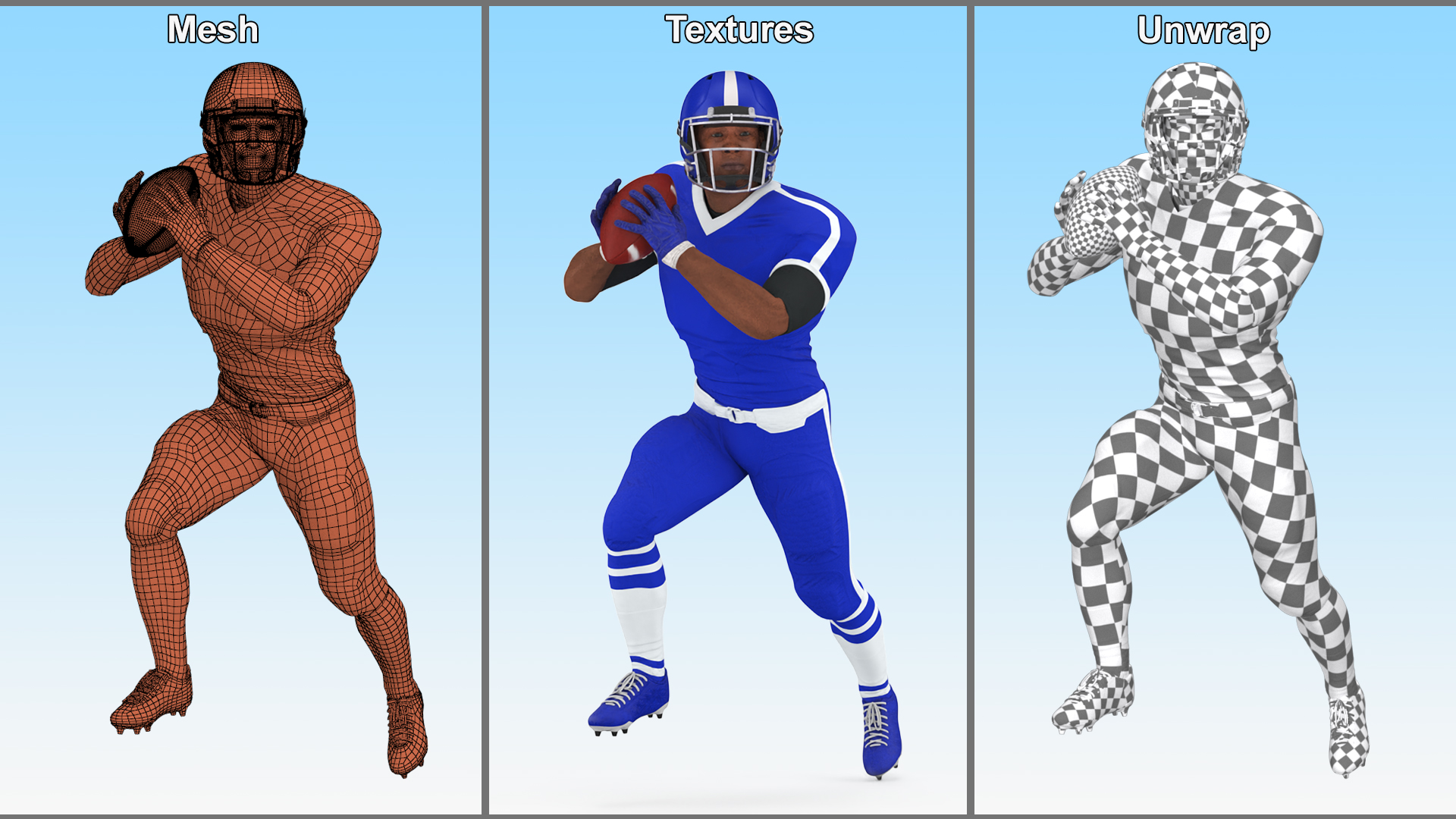 Black Man American Football Player Blue Uniform Running The Ball 3D model