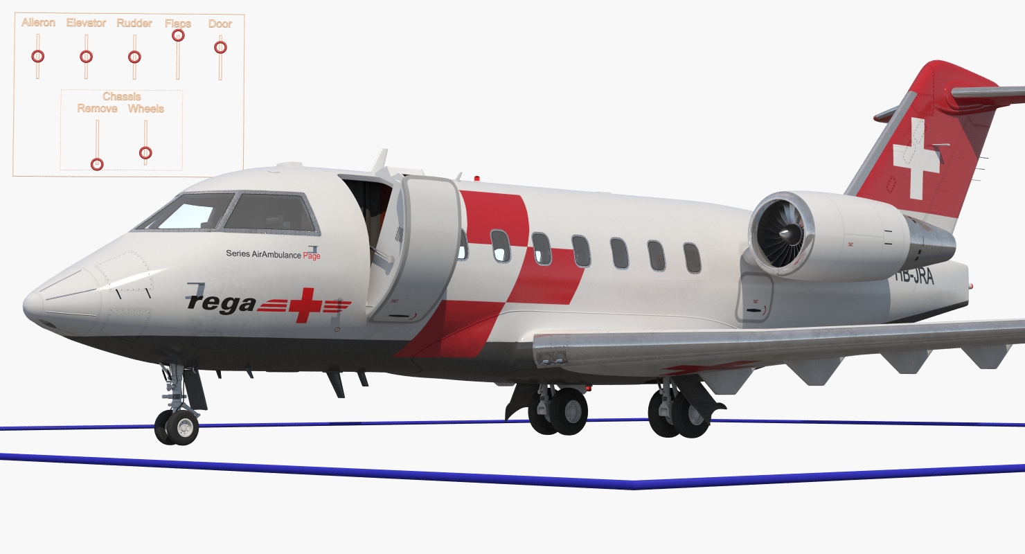 3D Swiss Air Ambulance Jet Bombardier Challenger 604 Rigged