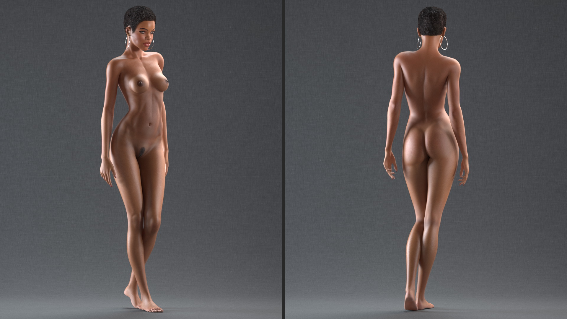 3D model Nude Light Skin Black Woman Walking Pose