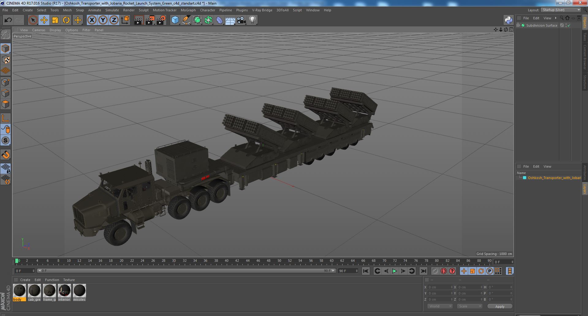 Oshkosh Transporter with Jobaria Rocket Launch System Green 3D model