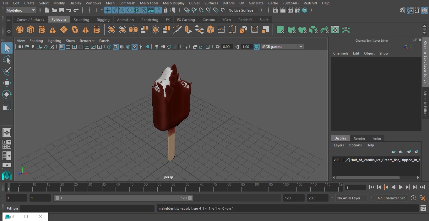 3D Half of Vanilla Ice Cream Bar Dipped in Melted Chocolate