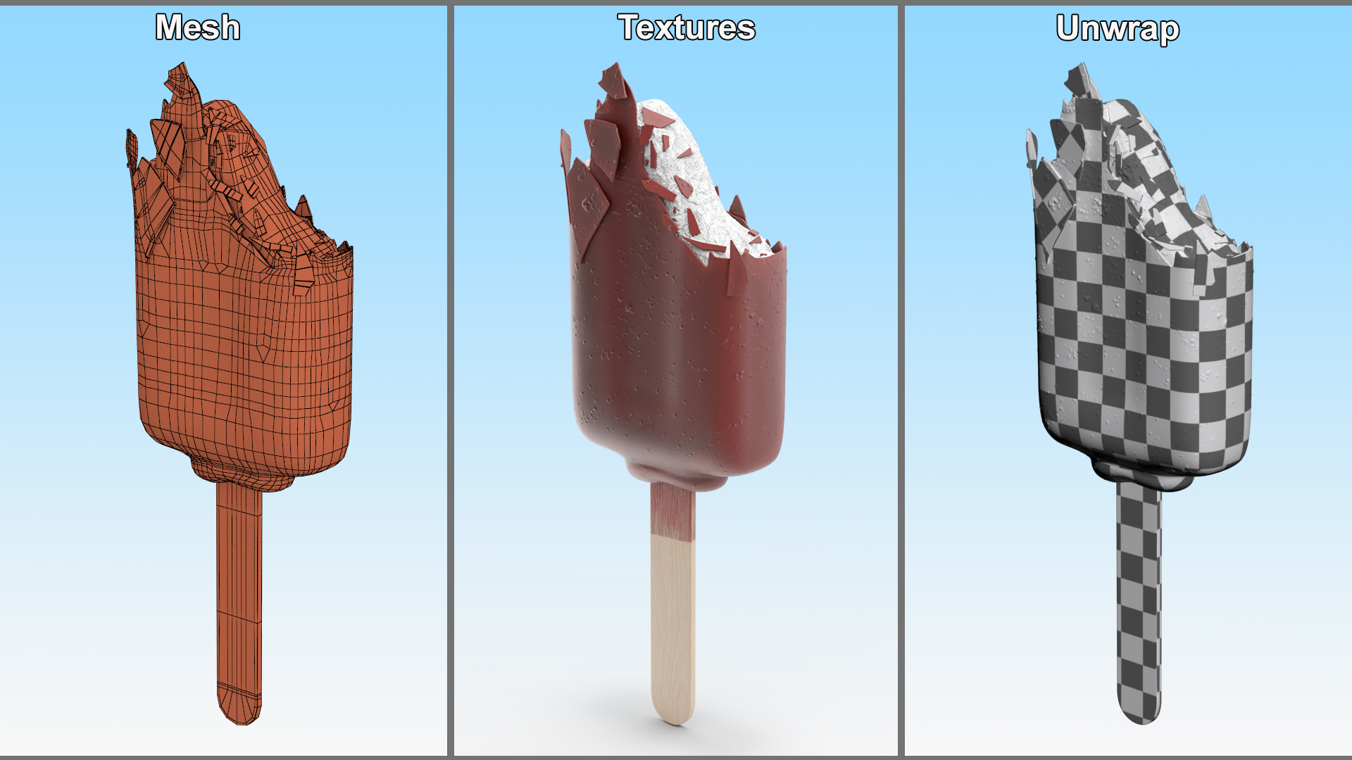 3D Half of Vanilla Ice Cream Bar Dipped in Melted Chocolate