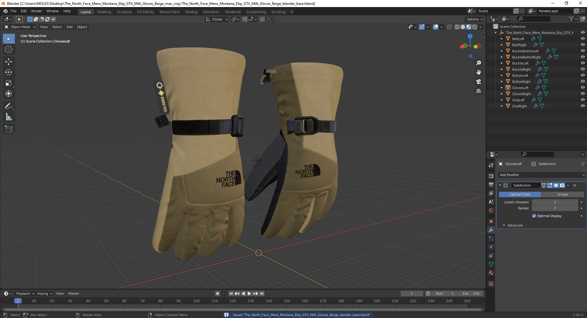 The North Face Mens Montana Etip GTX Mitt Gloves Beige 3D model