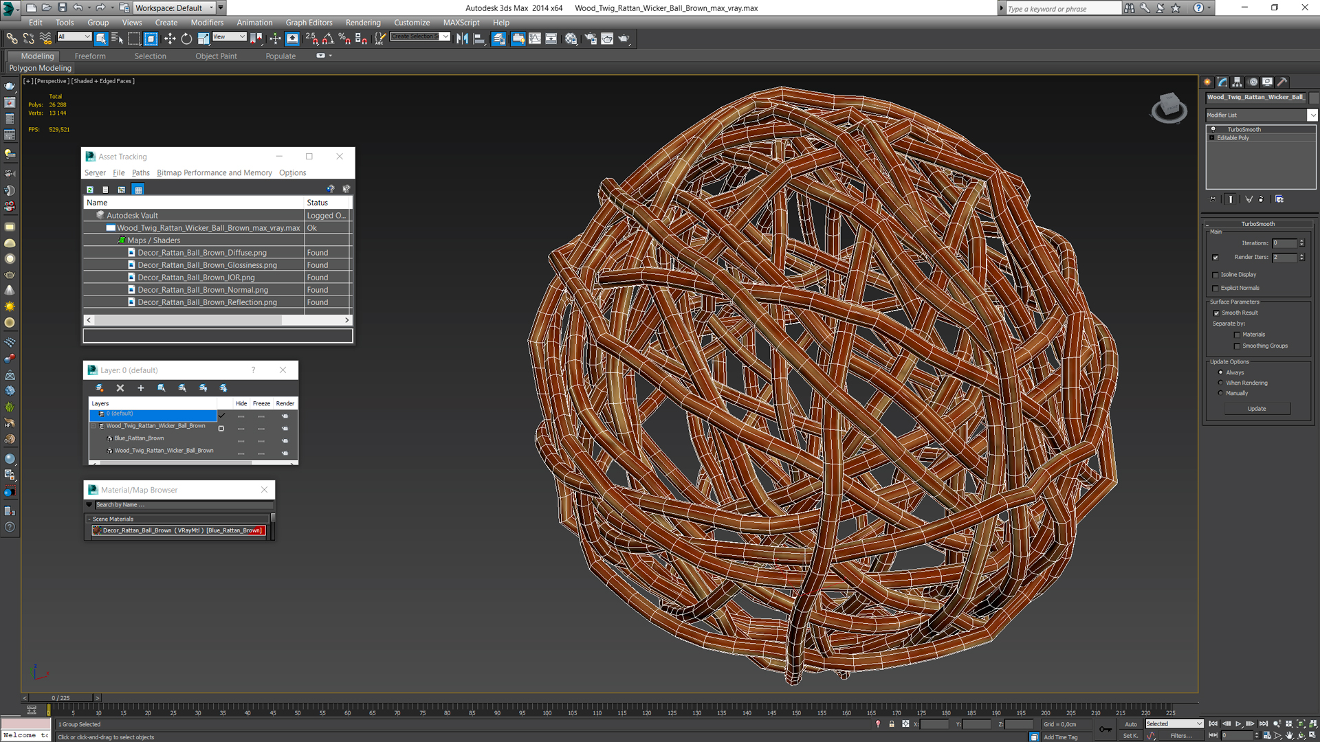 Wood Twig Rattan Wicker Ball Brown 3D model
