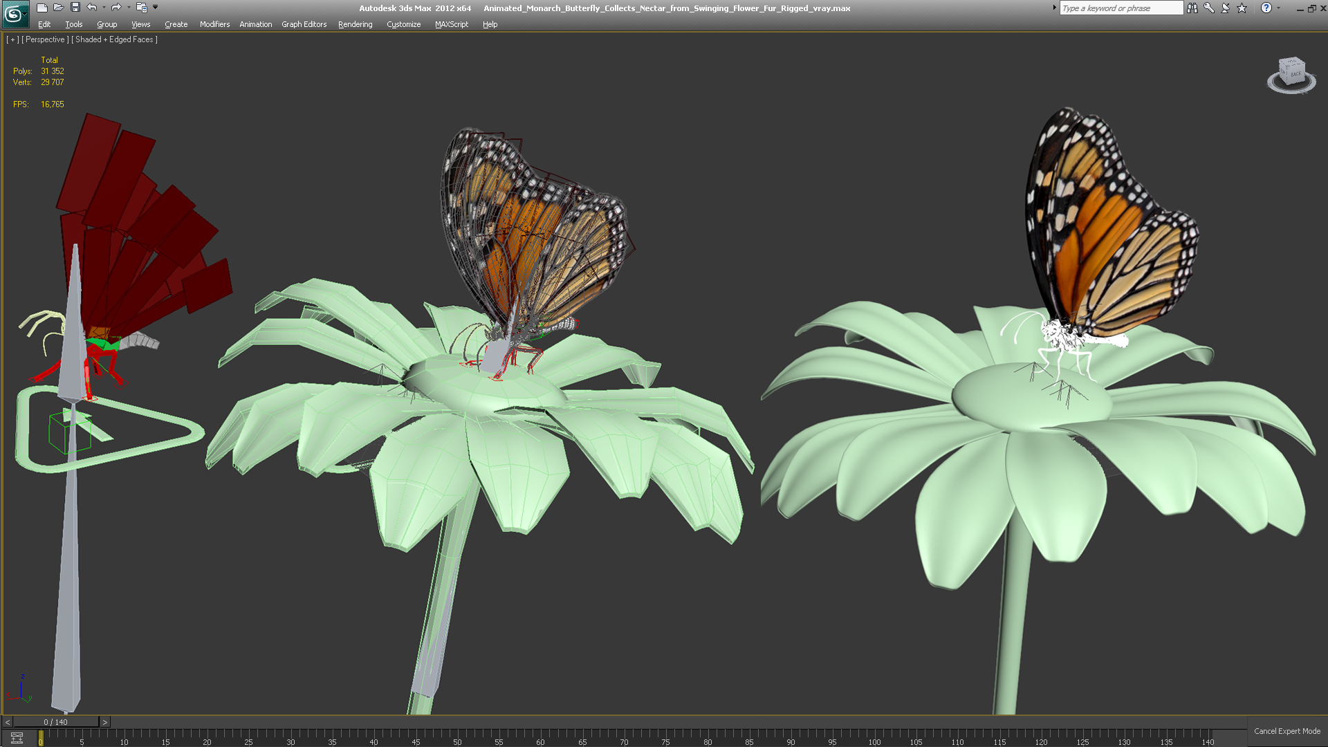 Animated Monarch Butterfly Collects Nectar from Swinging Flower Fur Rigged 3D model