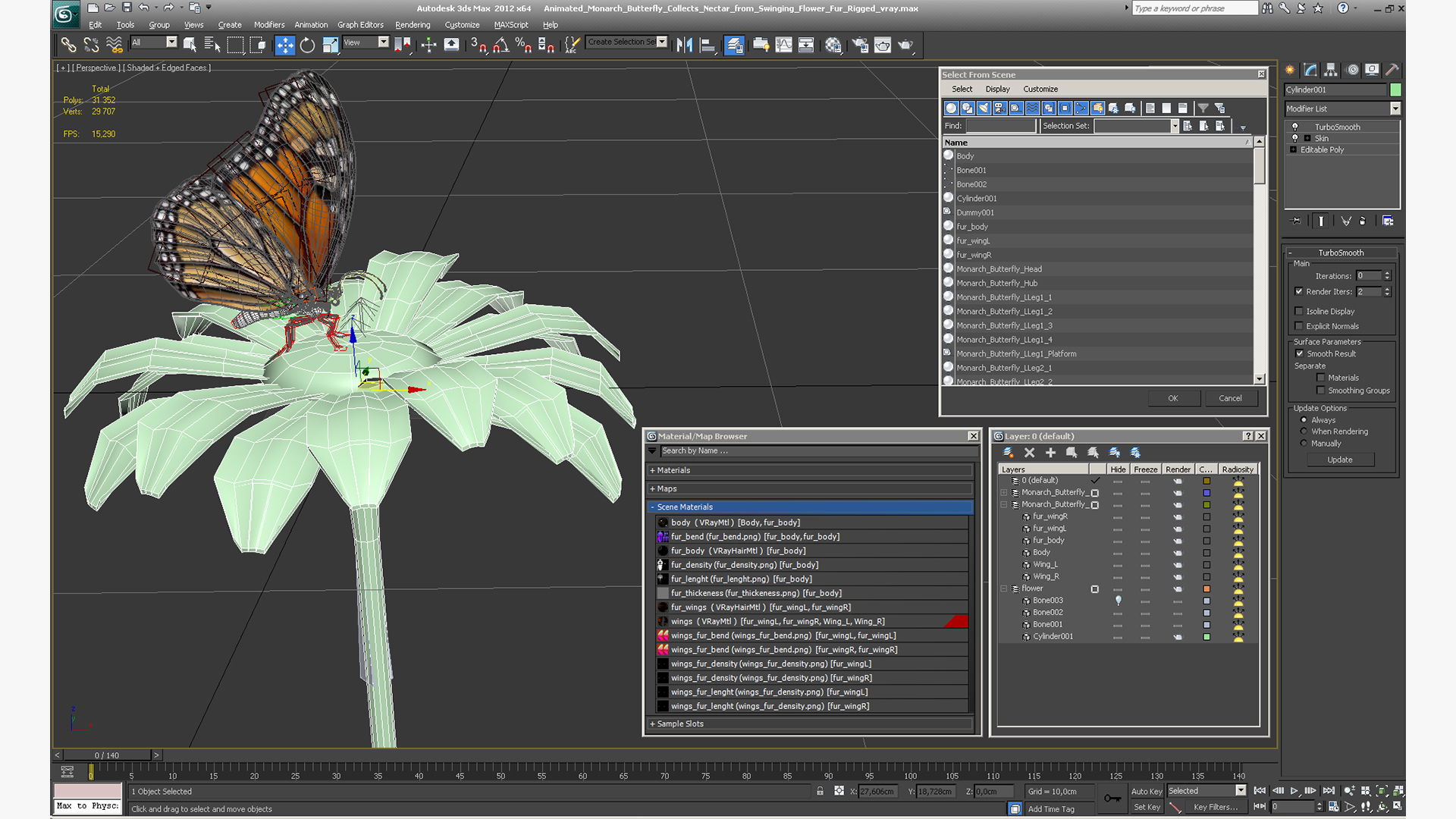 Animated Monarch Butterfly Collects Nectar from Swinging Flower Fur Rigged 3D model
