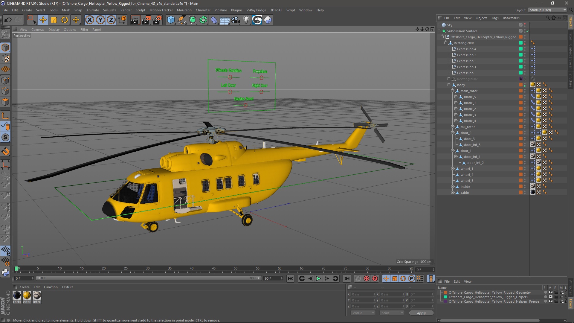 3D Offshore Cargo Helicopter Yellow Rigged for Cinema 4D model
