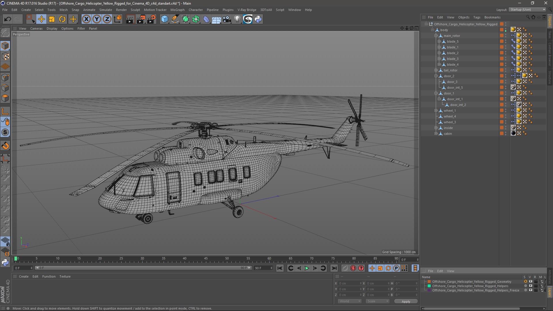 3D Offshore Cargo Helicopter Yellow Rigged for Cinema 4D model