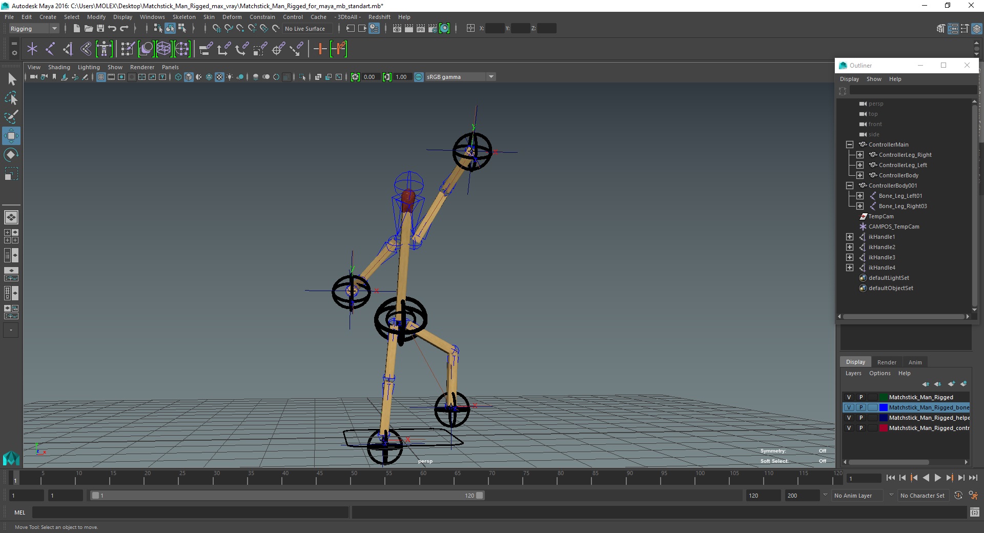 3D model Matchstick Man Rigged for Maya