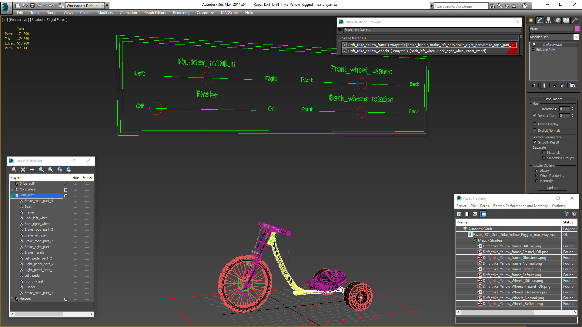 3D model Razor DXT Drift Trike Yellow Rigged