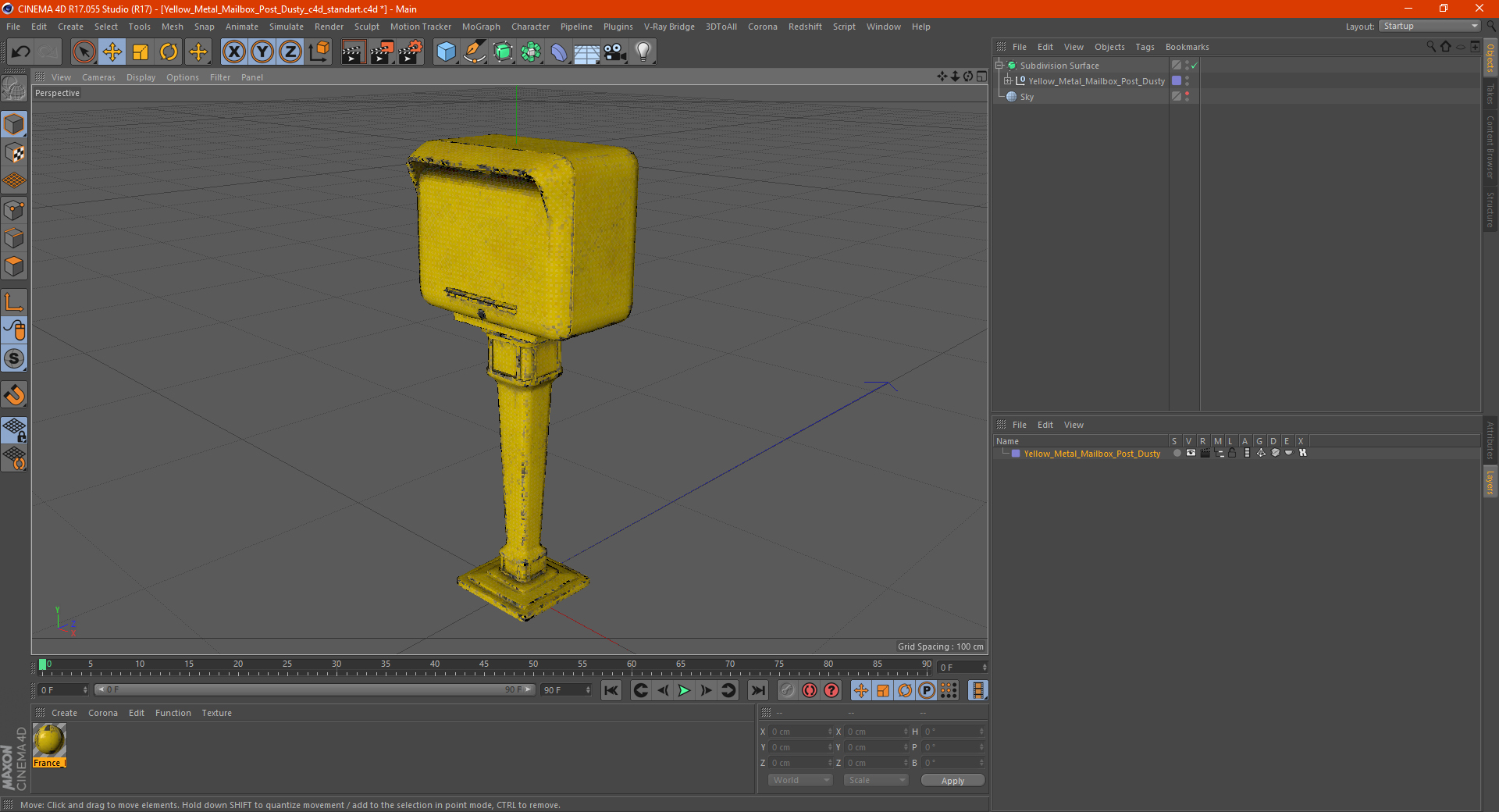 3D Yellow Metal Mailbox Post Dusty
