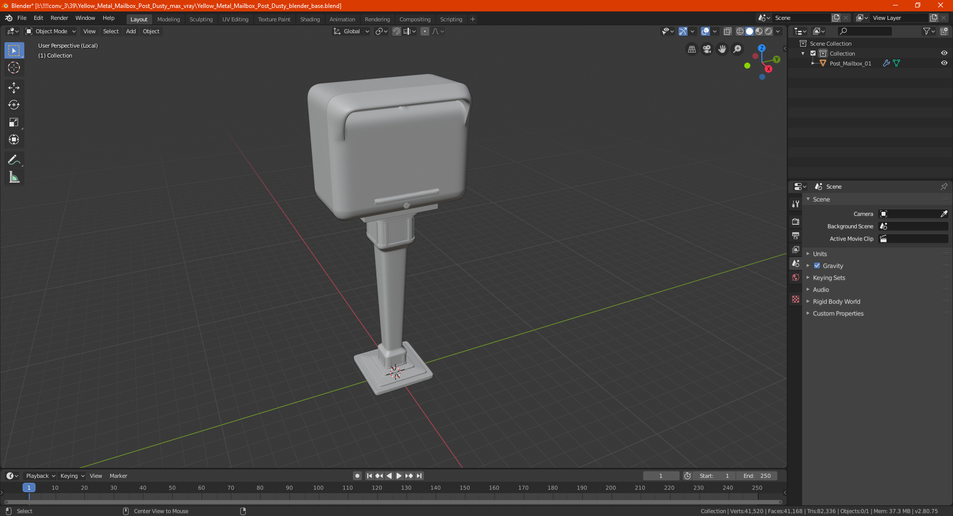 3D Yellow Metal Mailbox Post Dusty