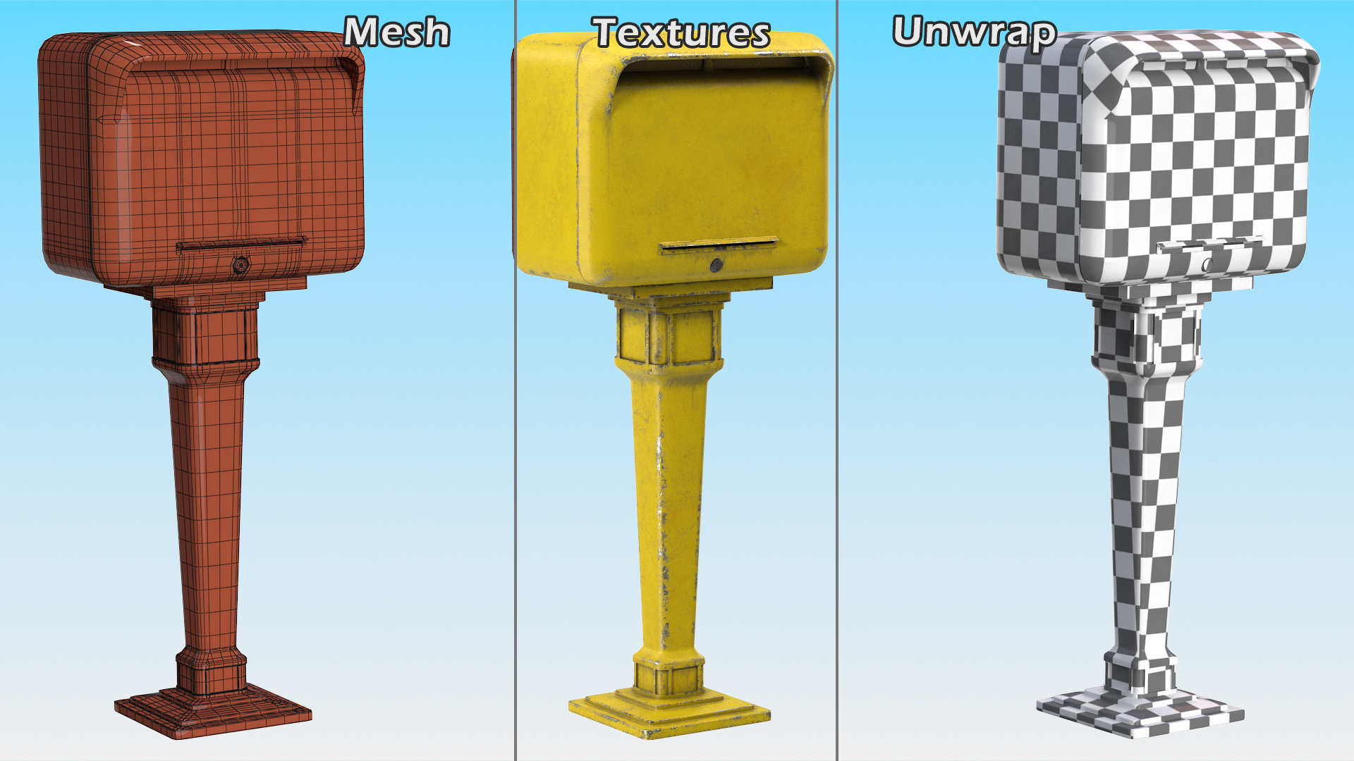 3D Yellow Metal Mailbox Post Dusty
