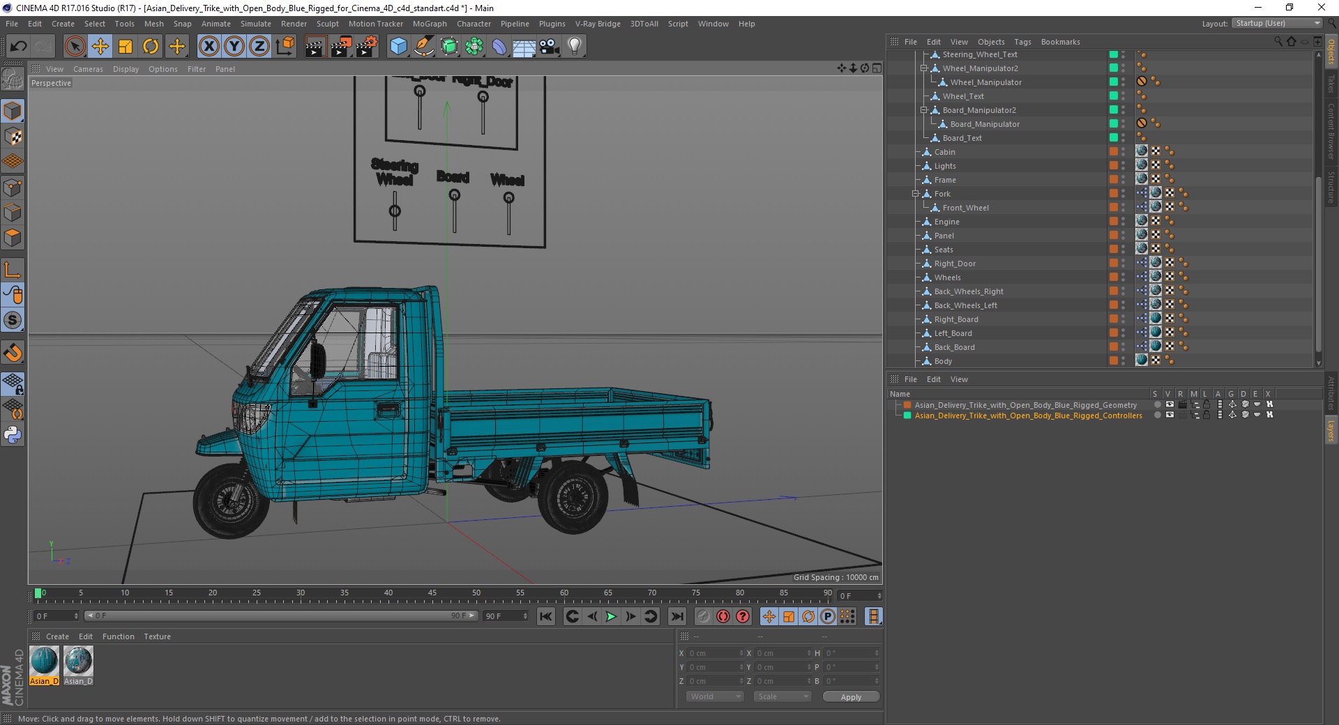 3D Asian Delivery Trike with Open Body Blue Rigged for Cinema 4D