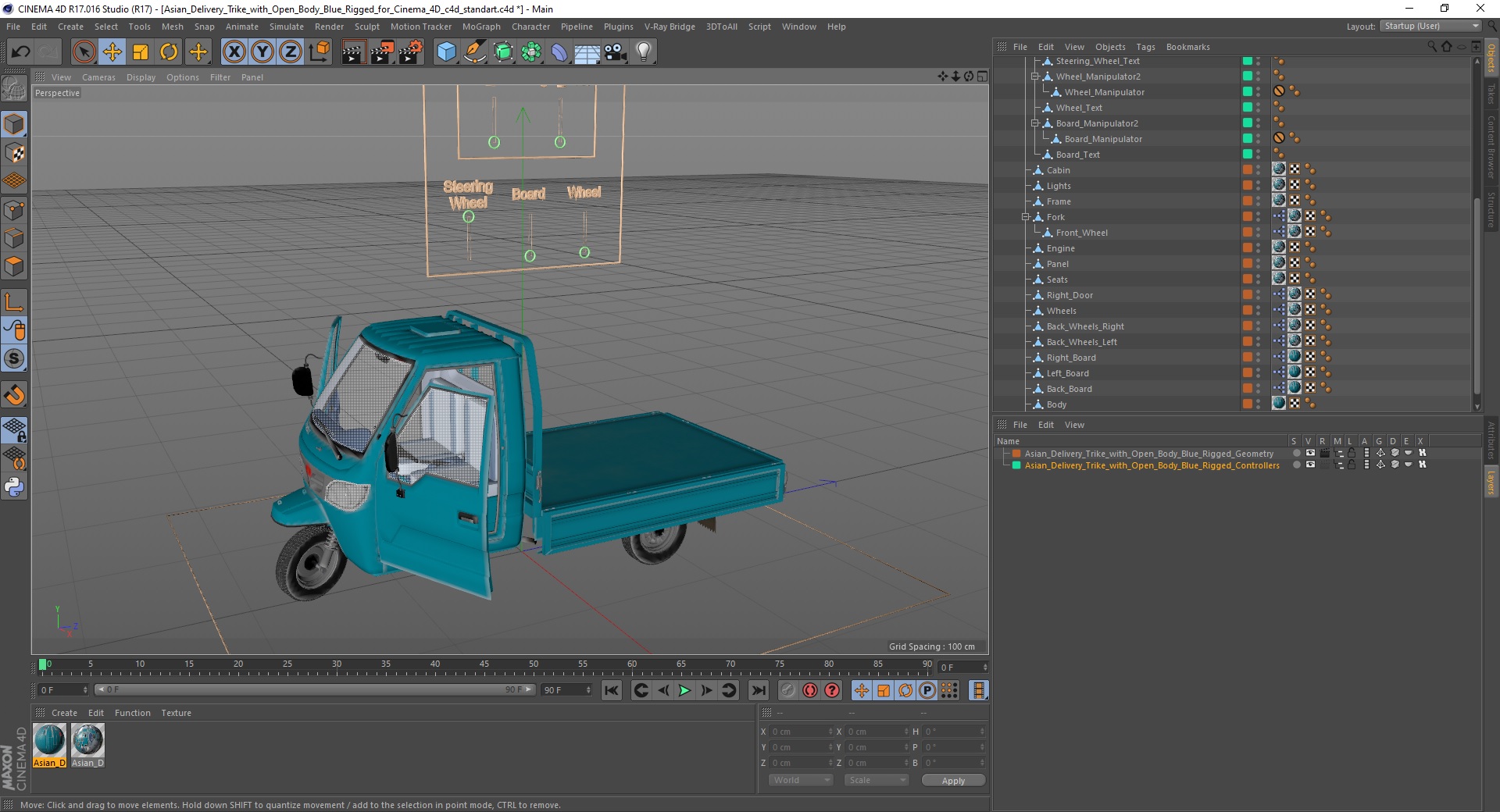 3D Asian Delivery Trike with Open Body Blue Rigged for Cinema 4D