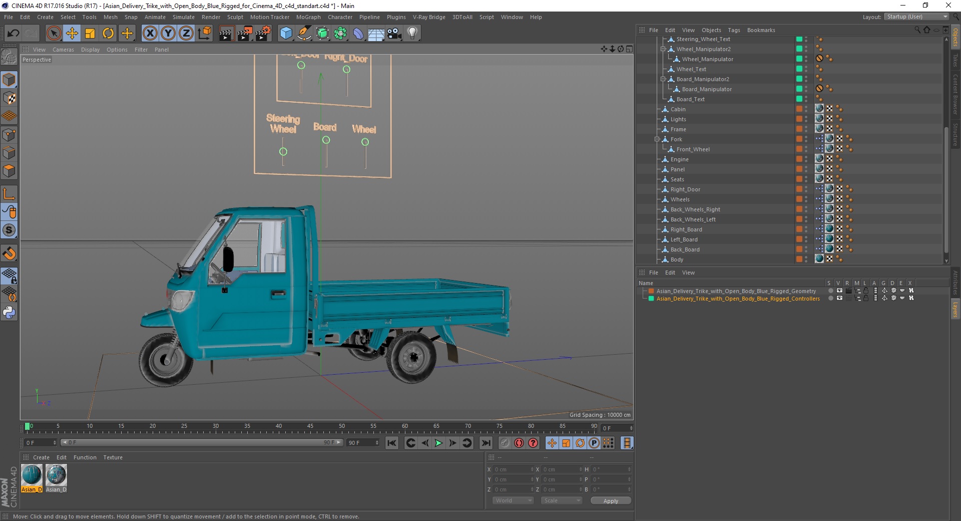 3D Asian Delivery Trike with Open Body Blue Rigged for Cinema 4D