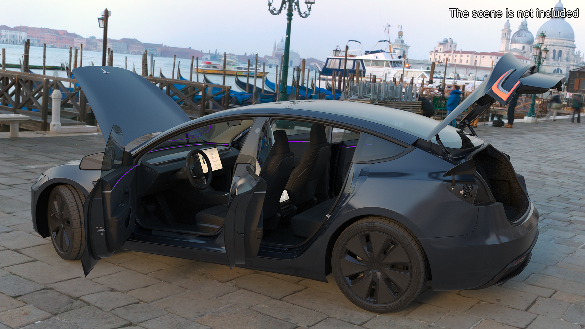 3D Tesla Model 3 2024 Stealth Grey Lights On Rigged model