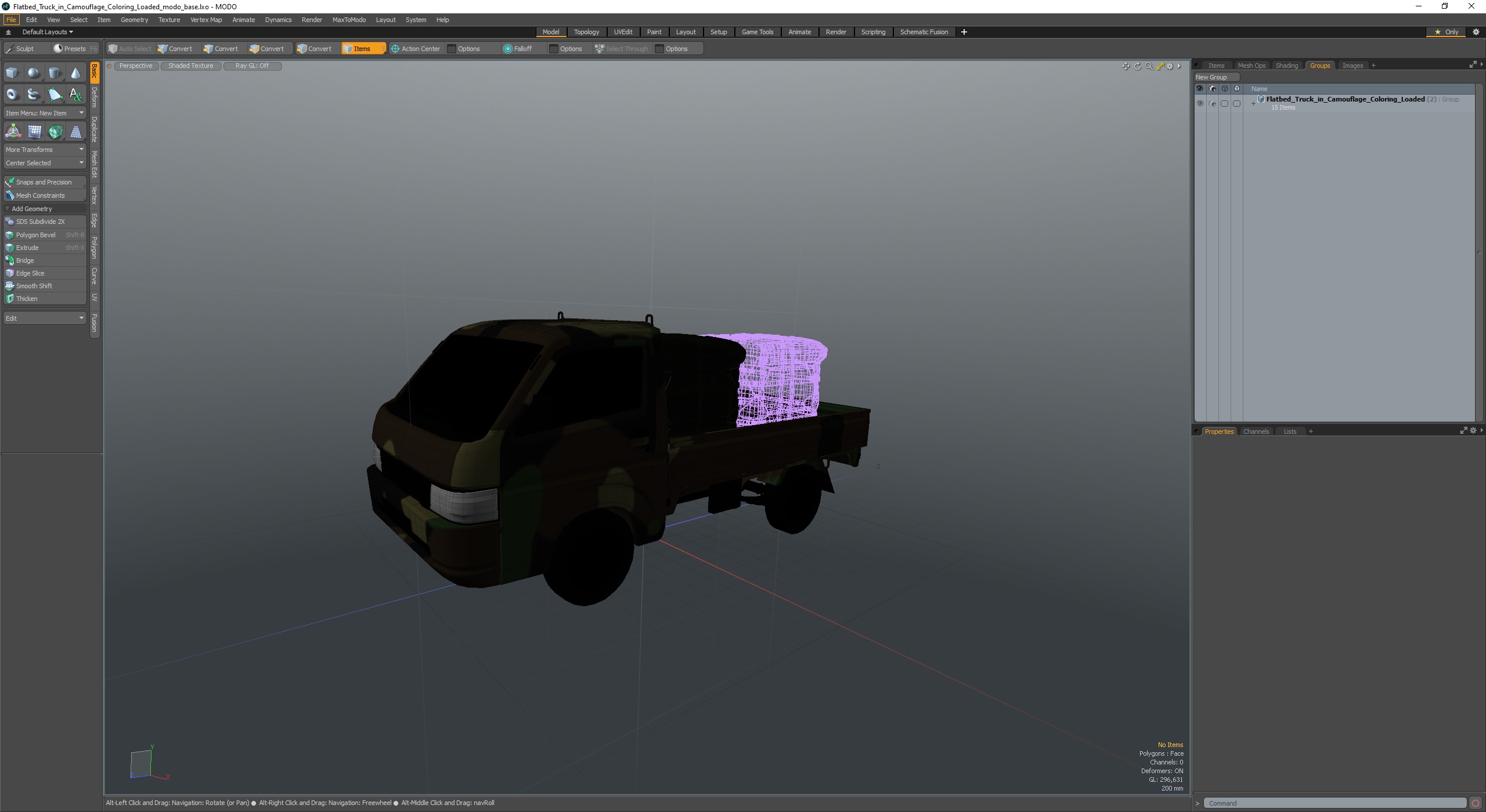 3D Flatbed Truck in Camouflage Coloring Loaded model