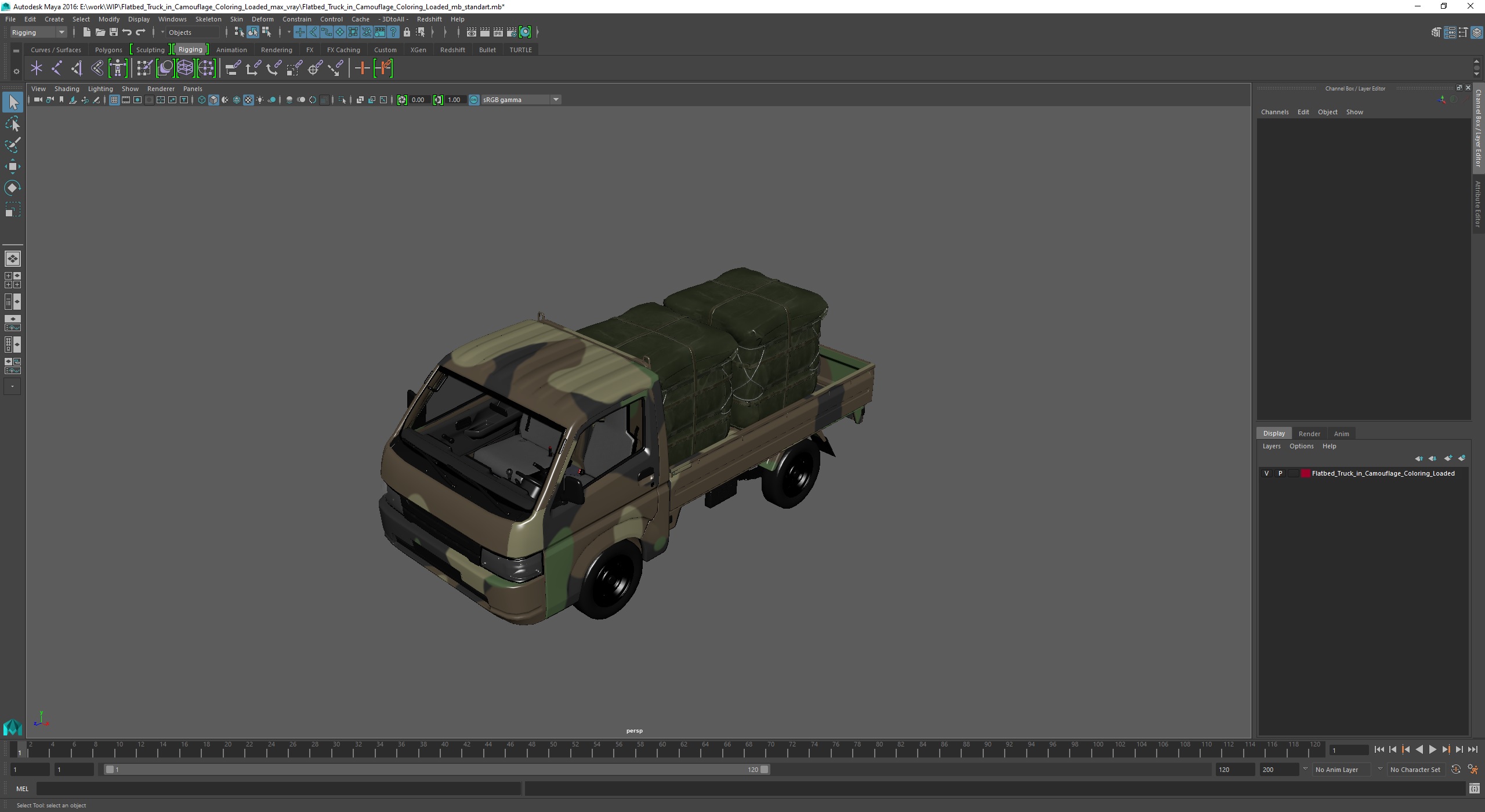 3D Flatbed Truck in Camouflage Coloring Loaded model